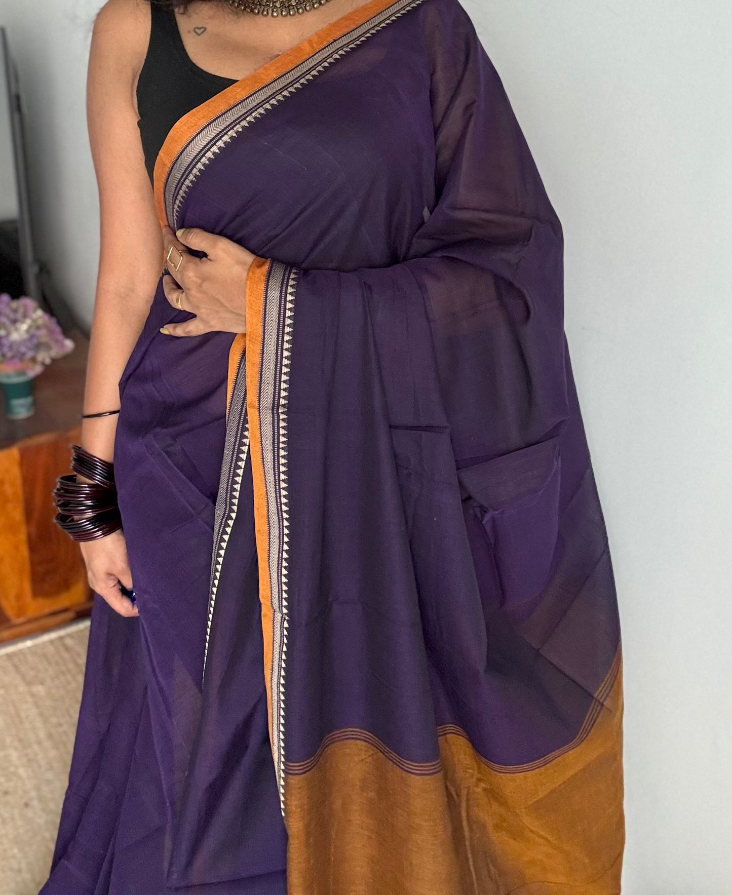 Violet with orange border narayanpet saree, soft cotton - YCWOTDNPFE32