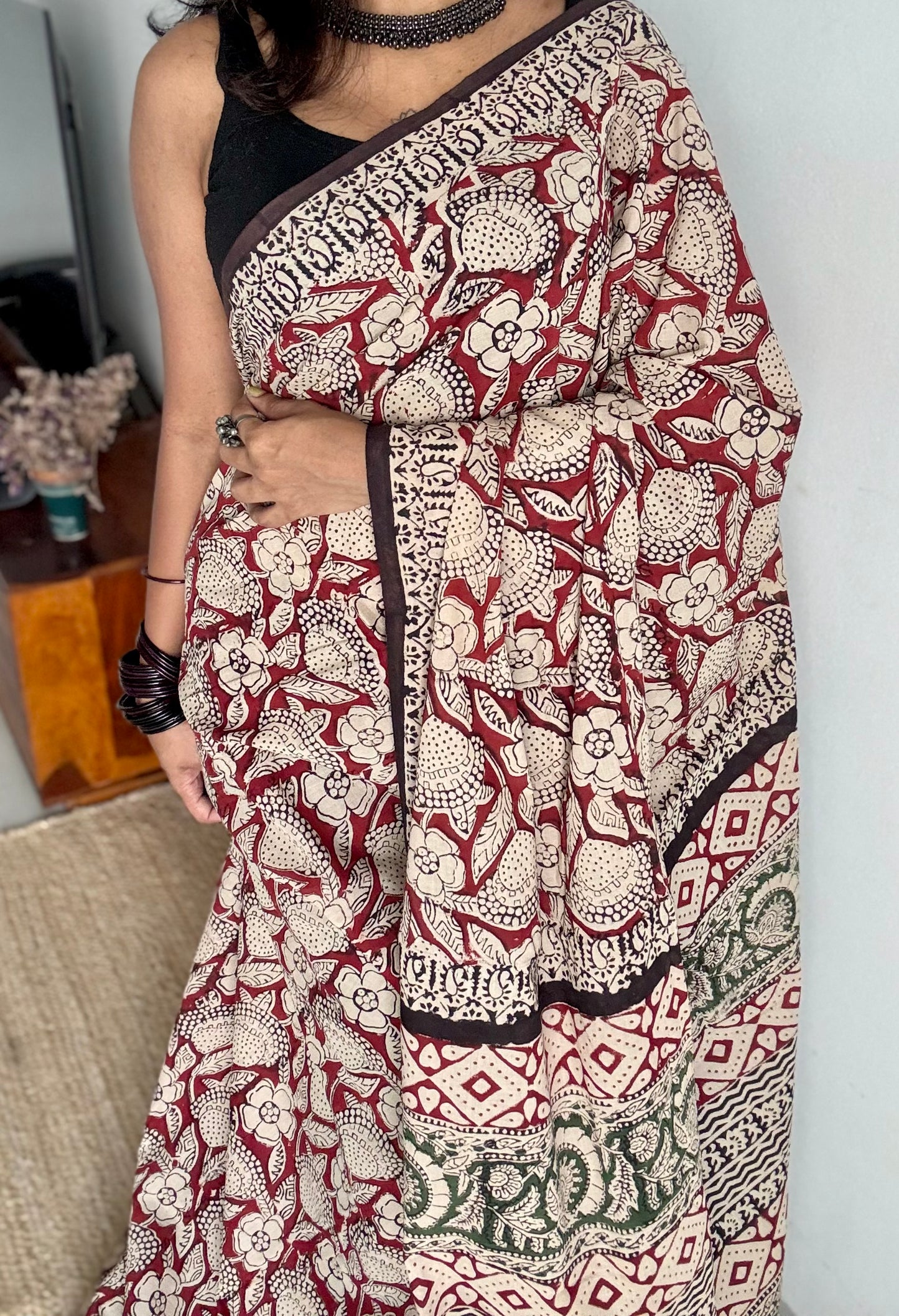 Kesar - a warm red with floral motifs, block print, soft cotton - YCWOTDNOBP90