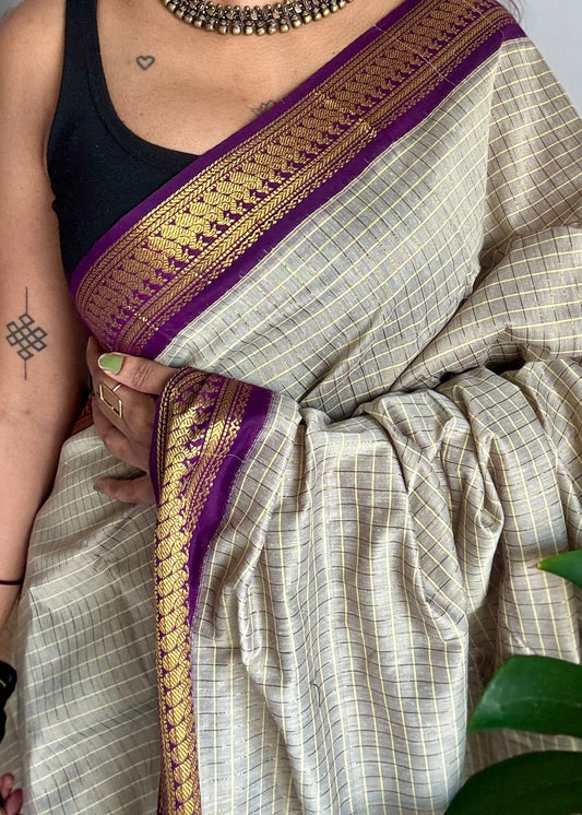 Warm grey with purple, zari checkered saree, cotton silk - YCCOTNKCOC110