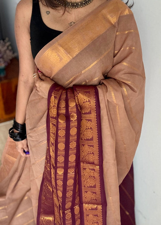 Light brown with maroon, peacock rudraksham motif, single side broad zari - madurai kattuchayam dyed - YCCOTNAURS17