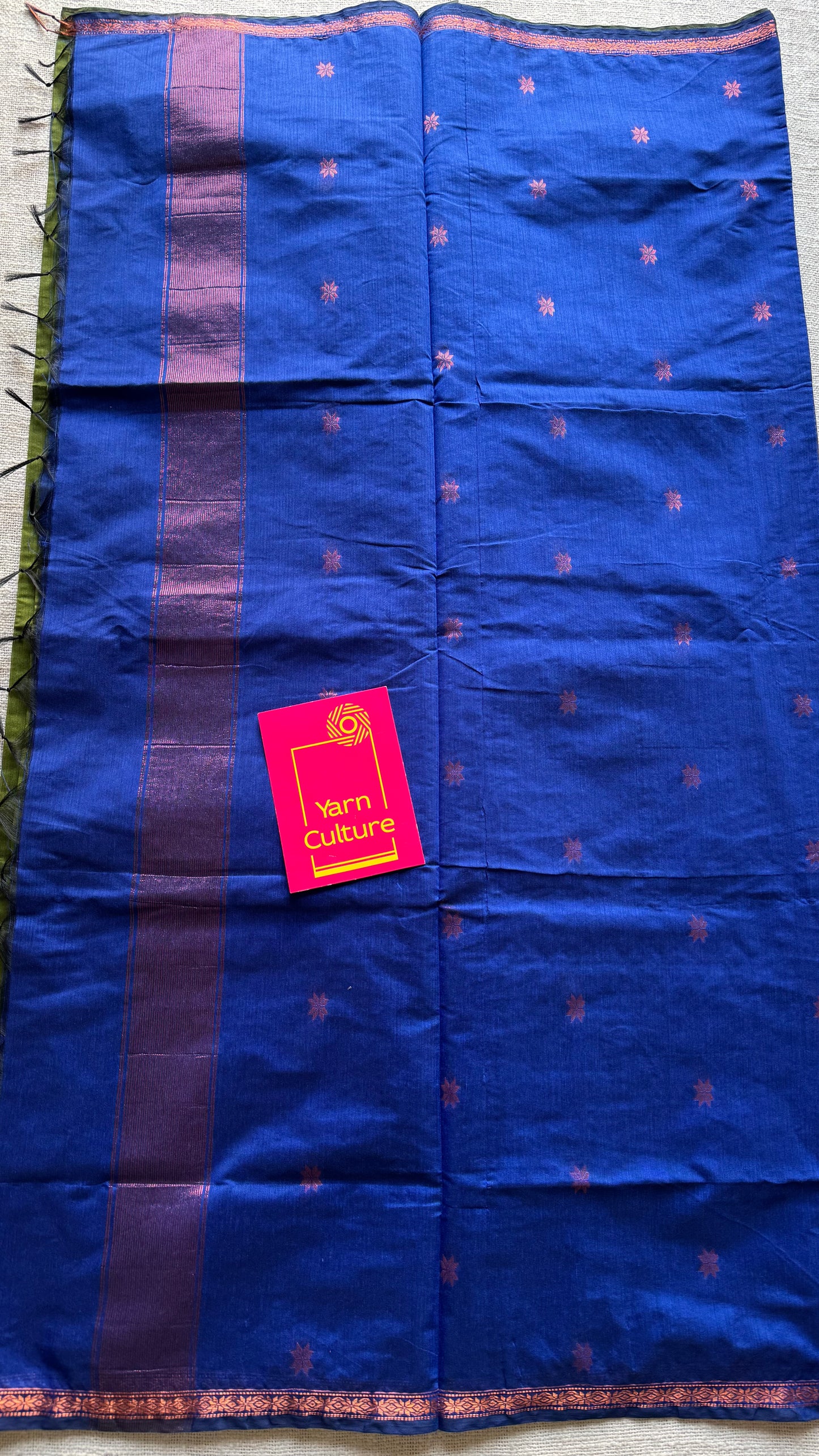 Parrot green with blue, copper zari buttas, semi maheshwari cotton silk - YCCOTNCSDE90