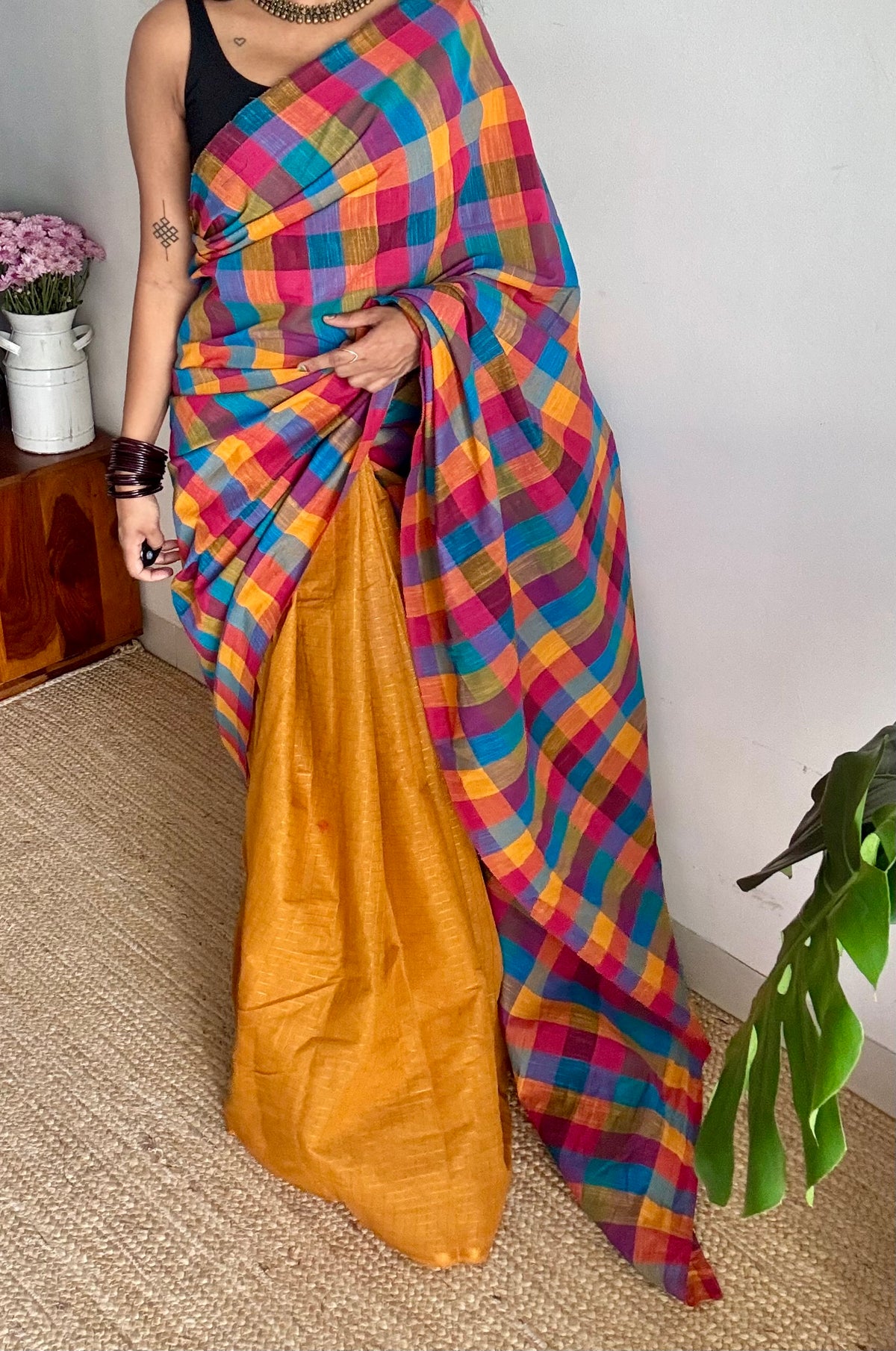 Turmeric yellow mini checks with multicoloured madras checks, cotton half and half saree - YCCOTNIDOC164