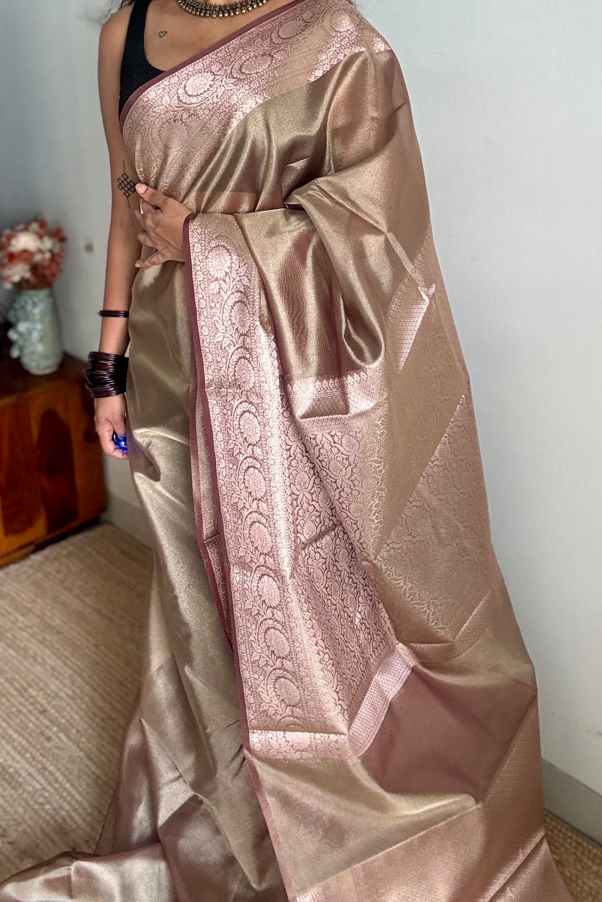 Champagne brown tissue Banarasi saree with zari border - YCBLTOC83