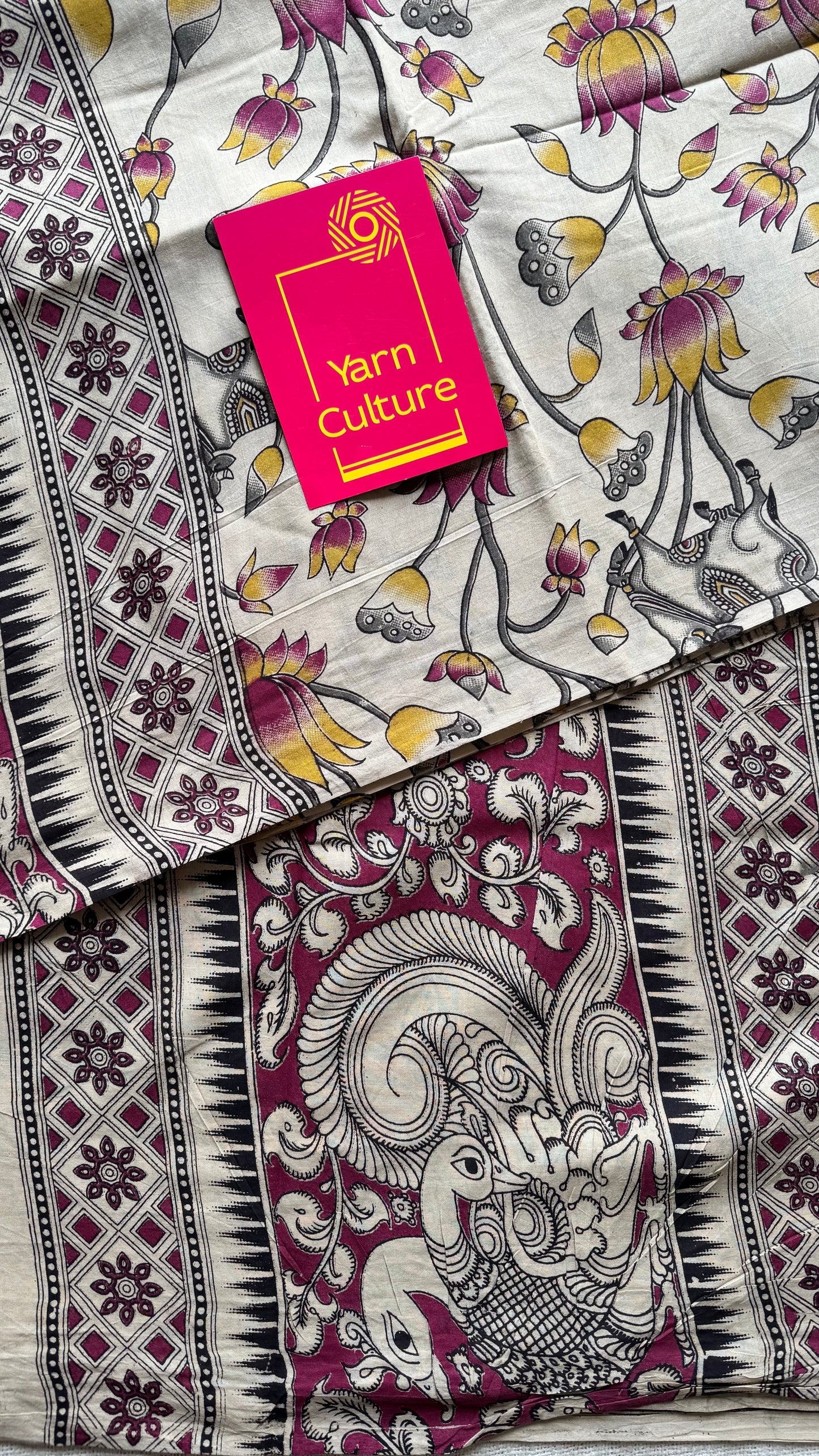 Beige with dark pink and yellow pichwai motif kalamkari, soft cotton - YCWOTDOCMP88