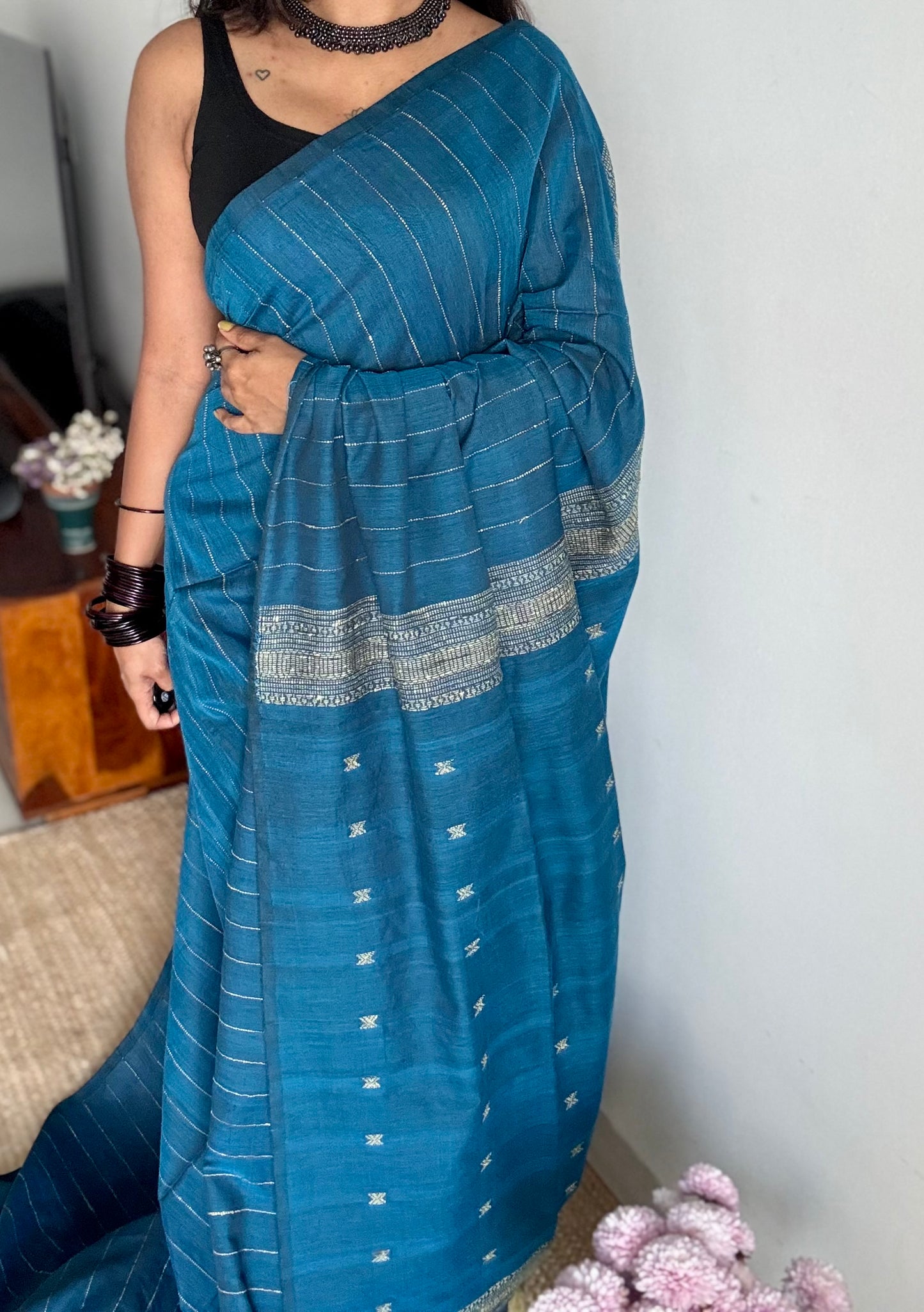 Peacock blue, bhujodi patterned soft khadi cotton saree - YCBCKCDE21