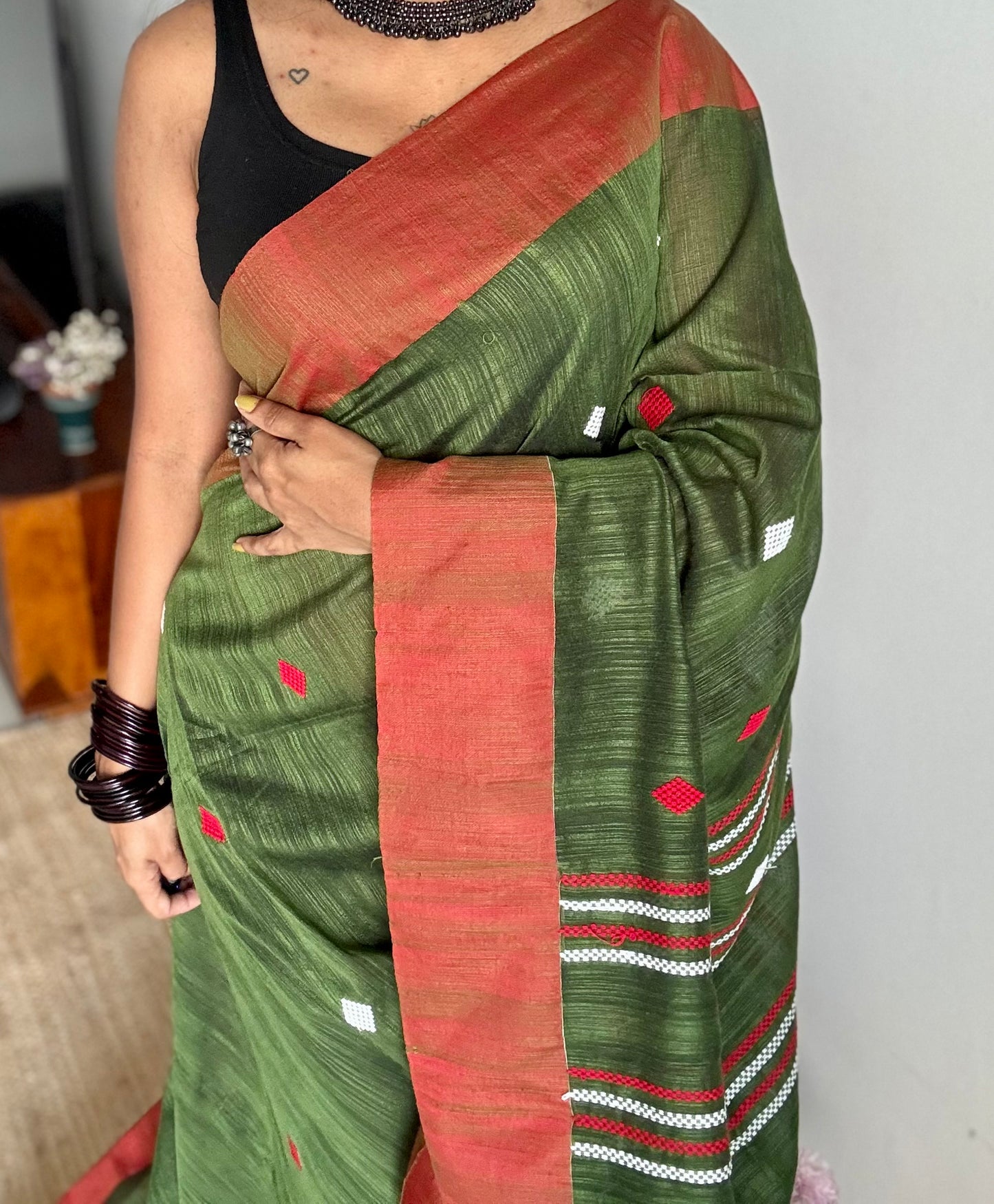 Green with burnt orange, soft cotton with woven motifs - YCBCKCDE26