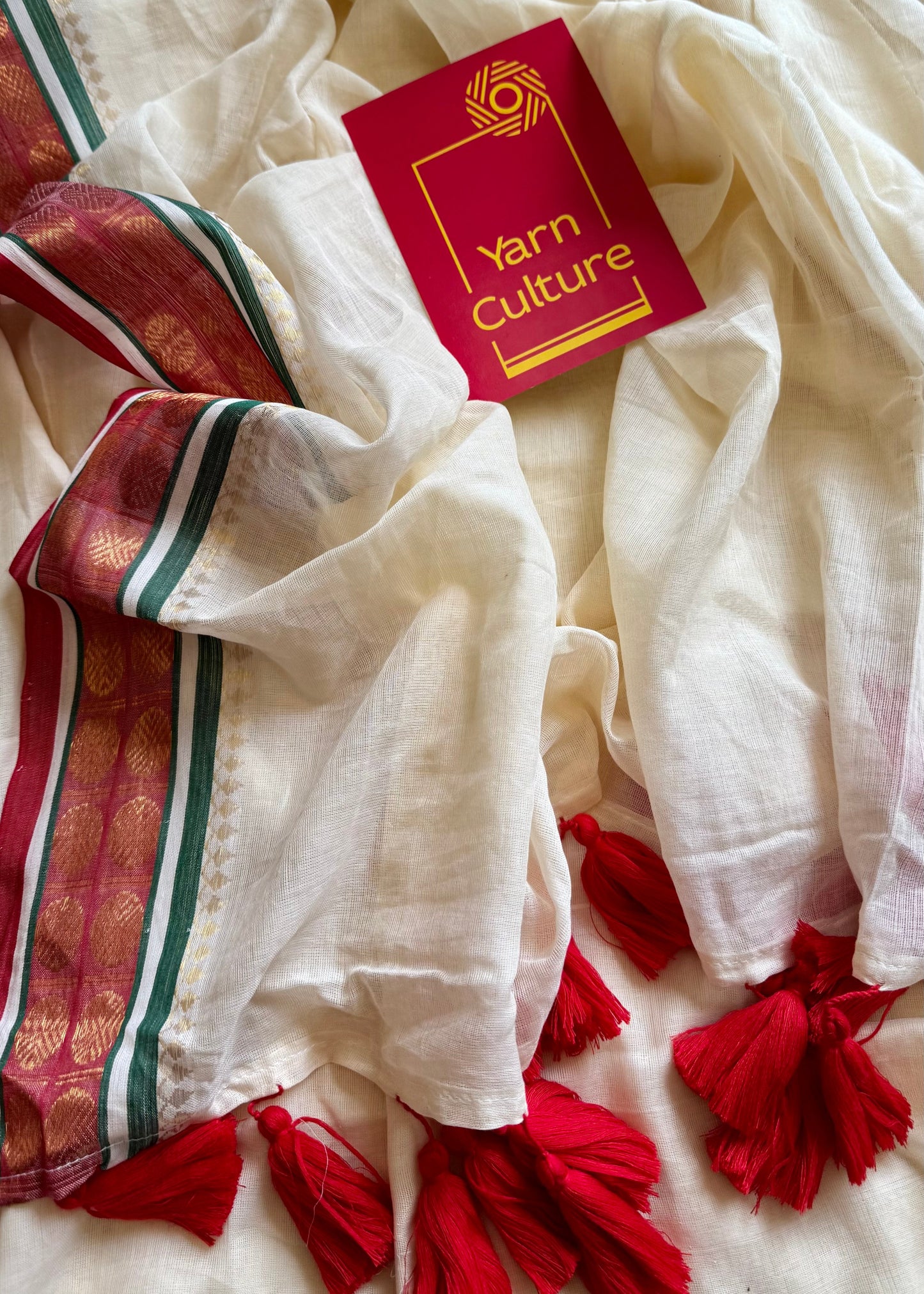 Ivory mul saree, muted red and green kanchi border  - YCIEON24