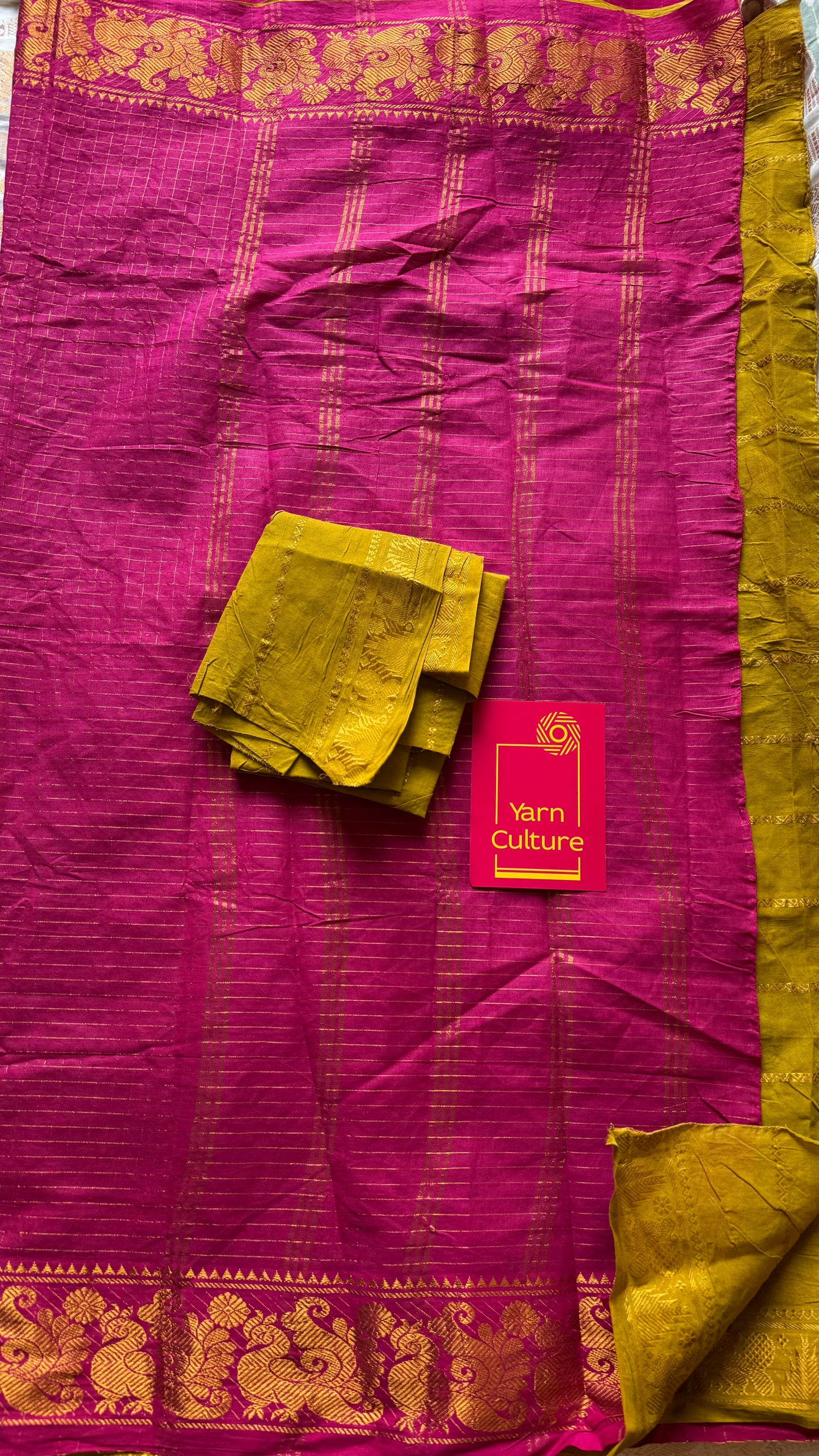 Hot pink with lime green, sungudi cotton half-half saree - YCCOTNIDMA290