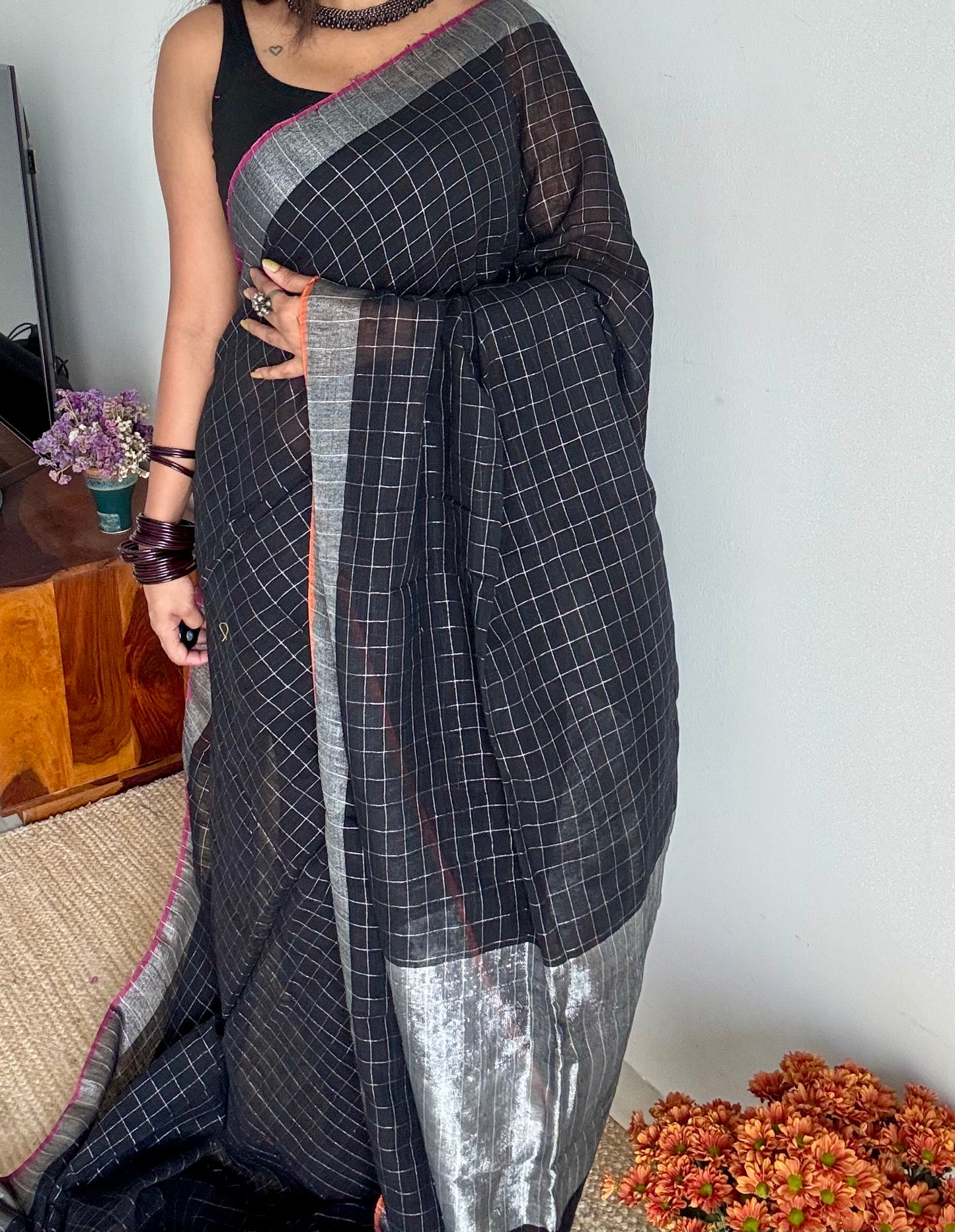 Black linen by cotton saree, silver checks & zari pallu - YCBCLCFE389