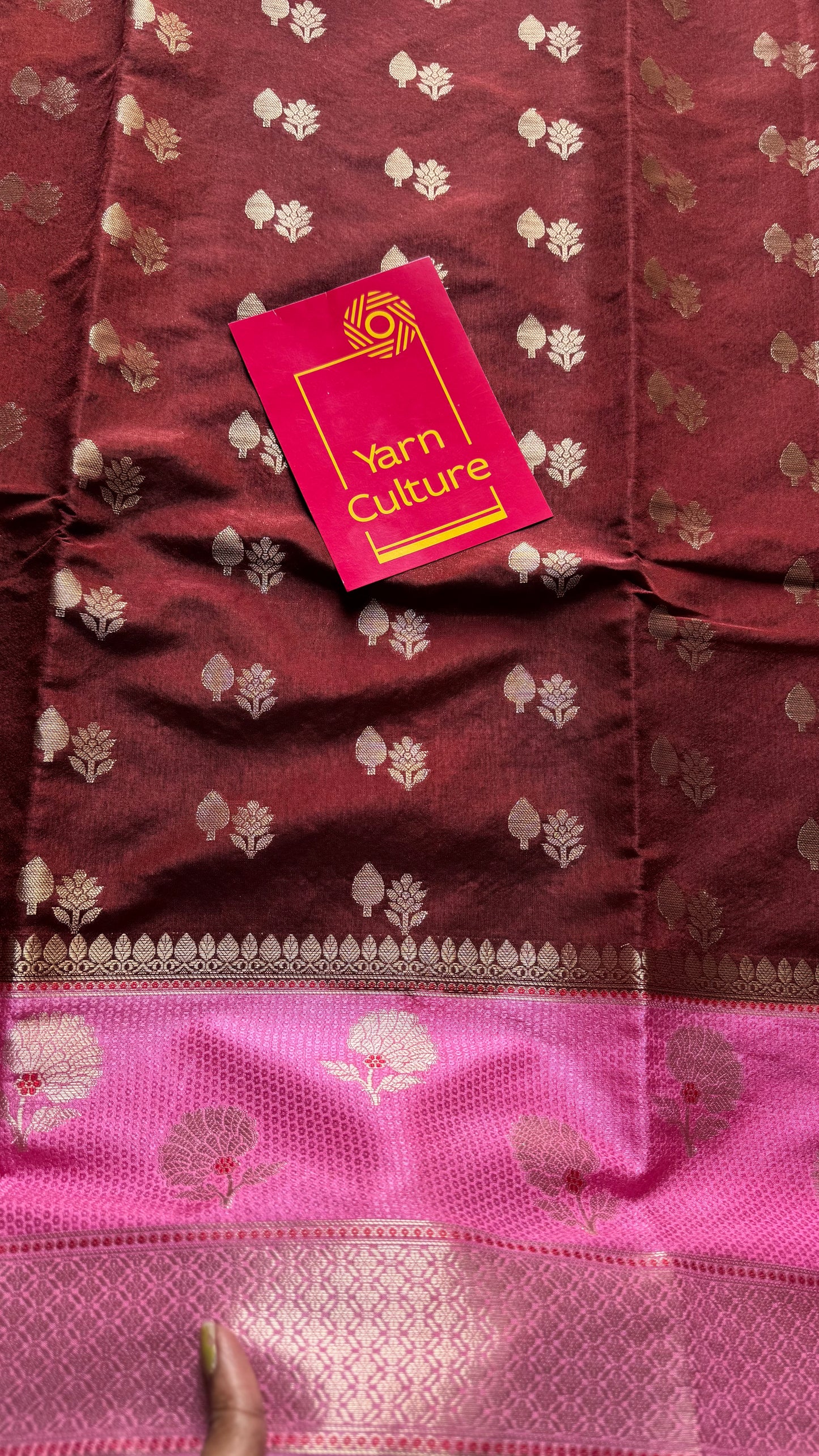 Coffee brown with pink border, semi dupion silk - YCBLSSJA23