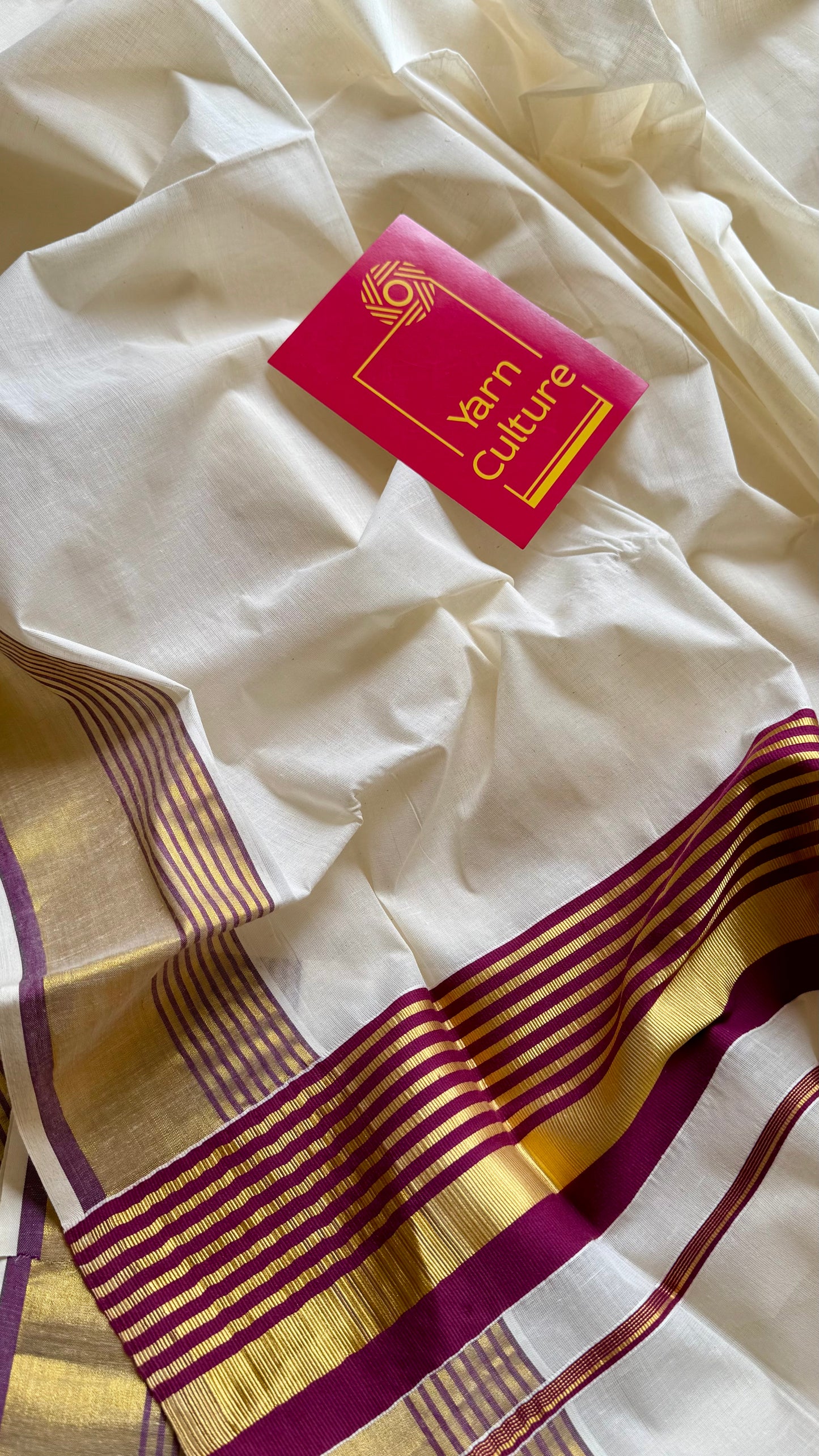 Ivory and gold soft cotton saree, purple border - YCIEON76