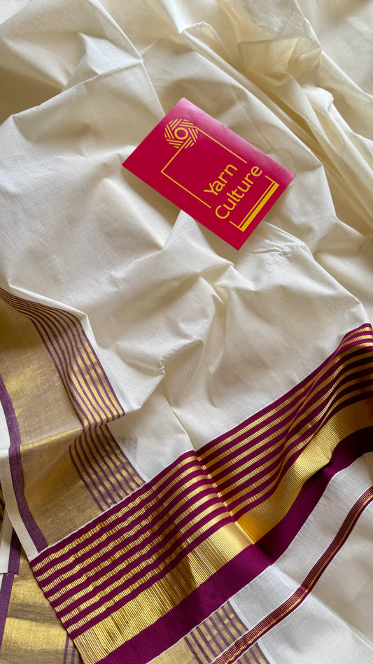 Ivory and gold soft cotton saree, purple border - YCIEON76