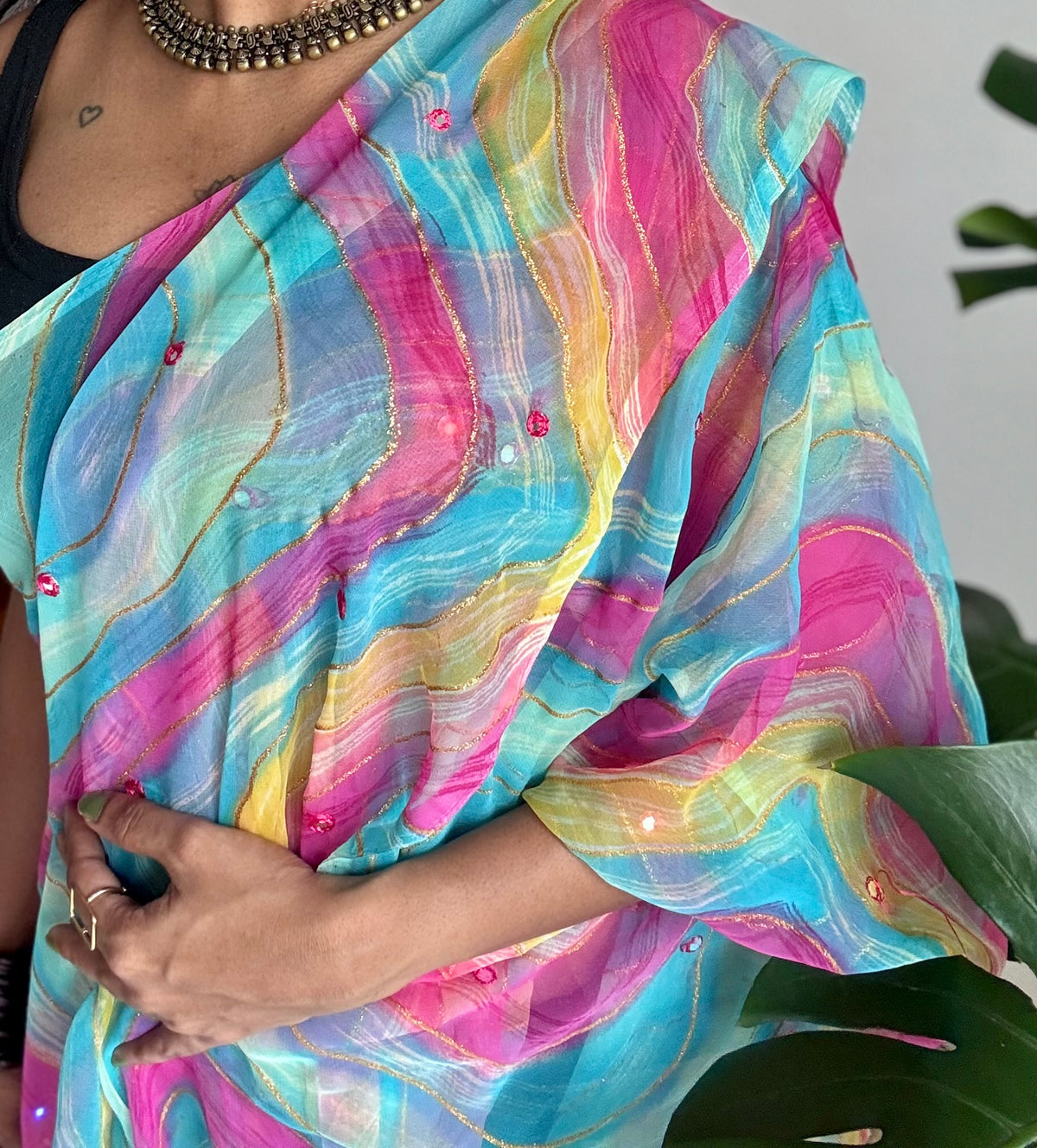 Blue multicoloured leheriya chiffon saree with mirror work  - YCTORLOC94