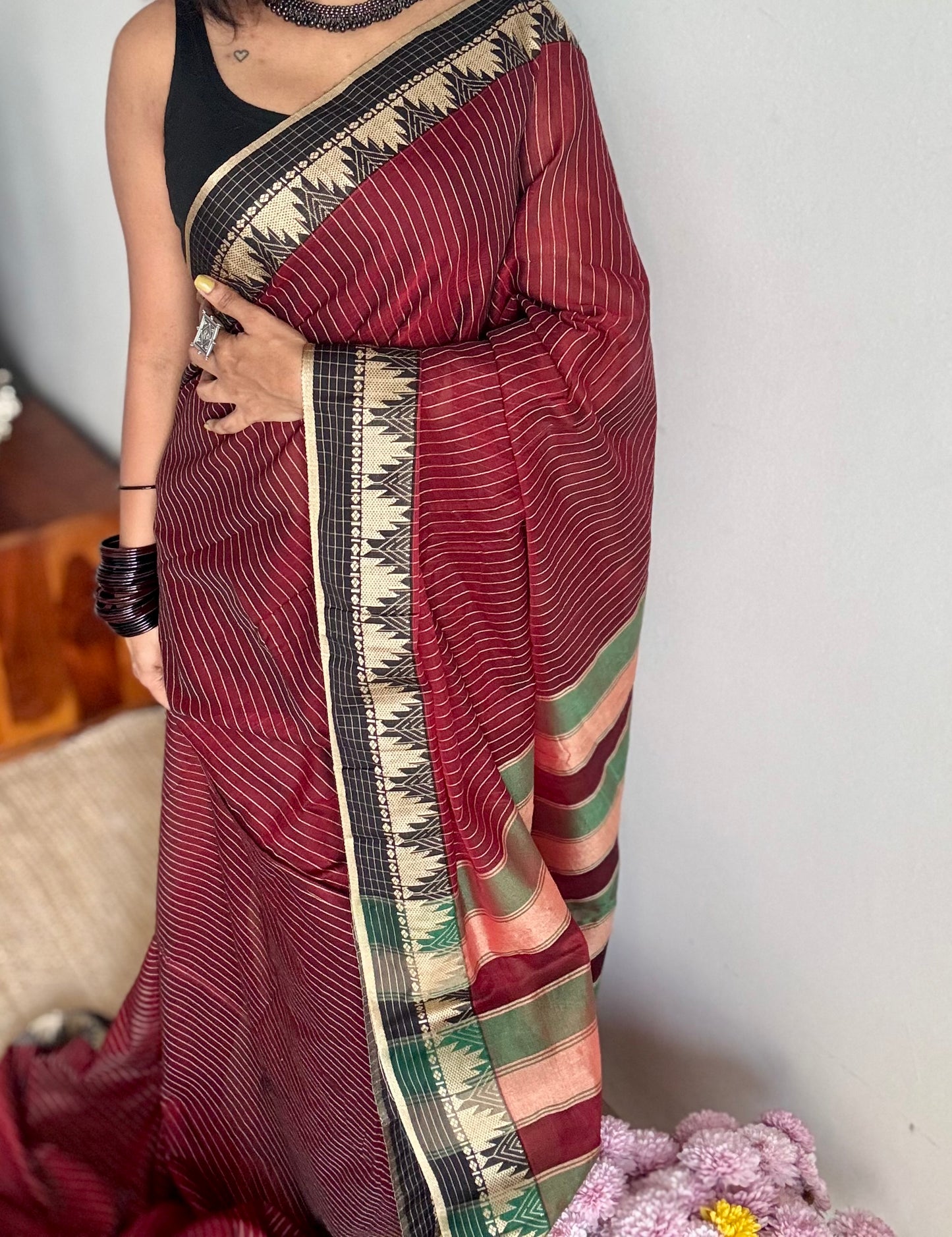 Maroon striped premium narayanpet soft cotton, with temple motif and checkered border - YCWOTDNPNO86