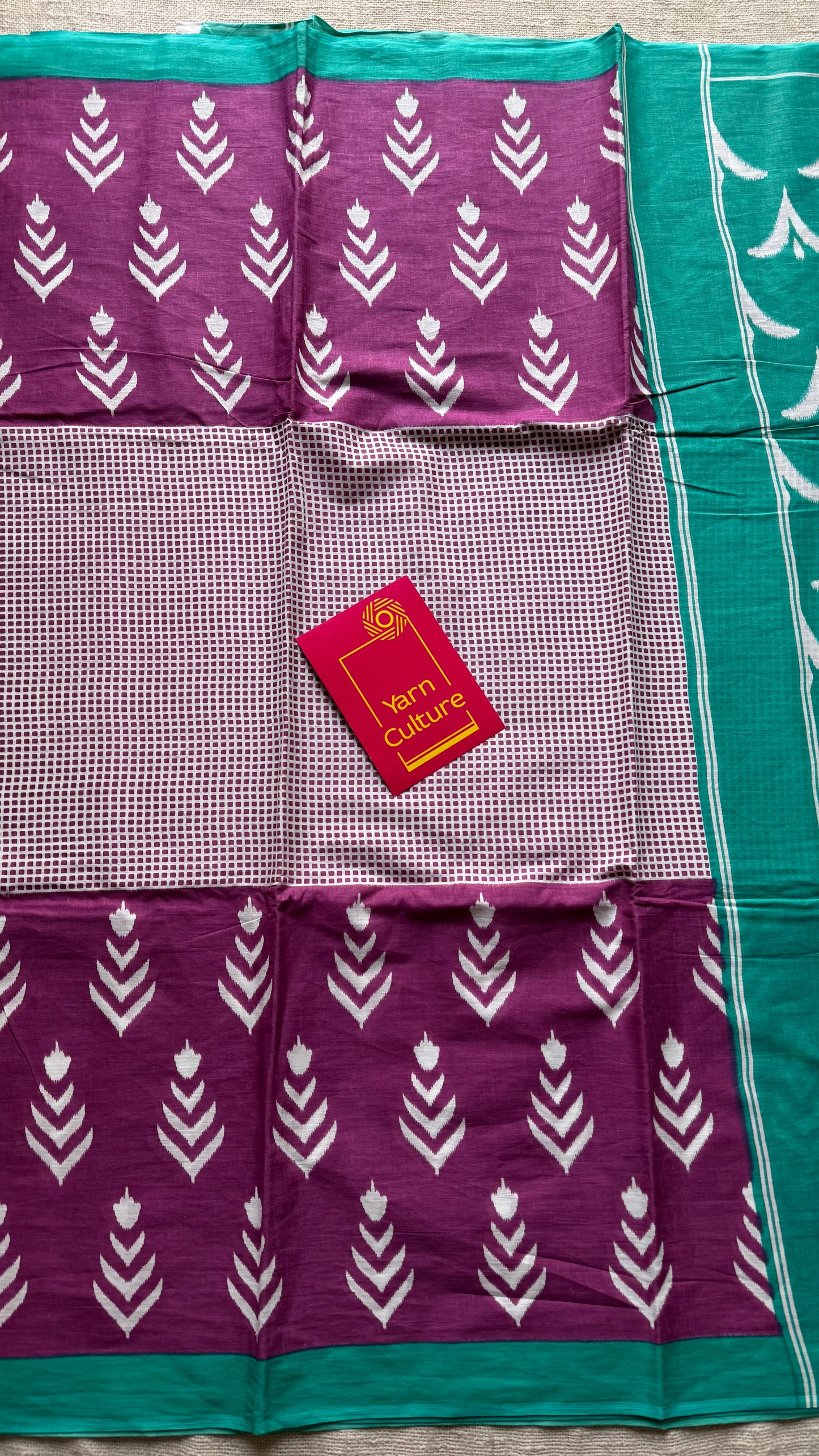 Magenta with turquoise green and white motifs, soft cotton saree - YCTORCMA06