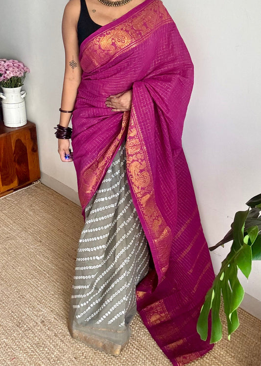 Purple pink (vadamalli) with grey, cotton half and half saree - YCCOTNIDOC145