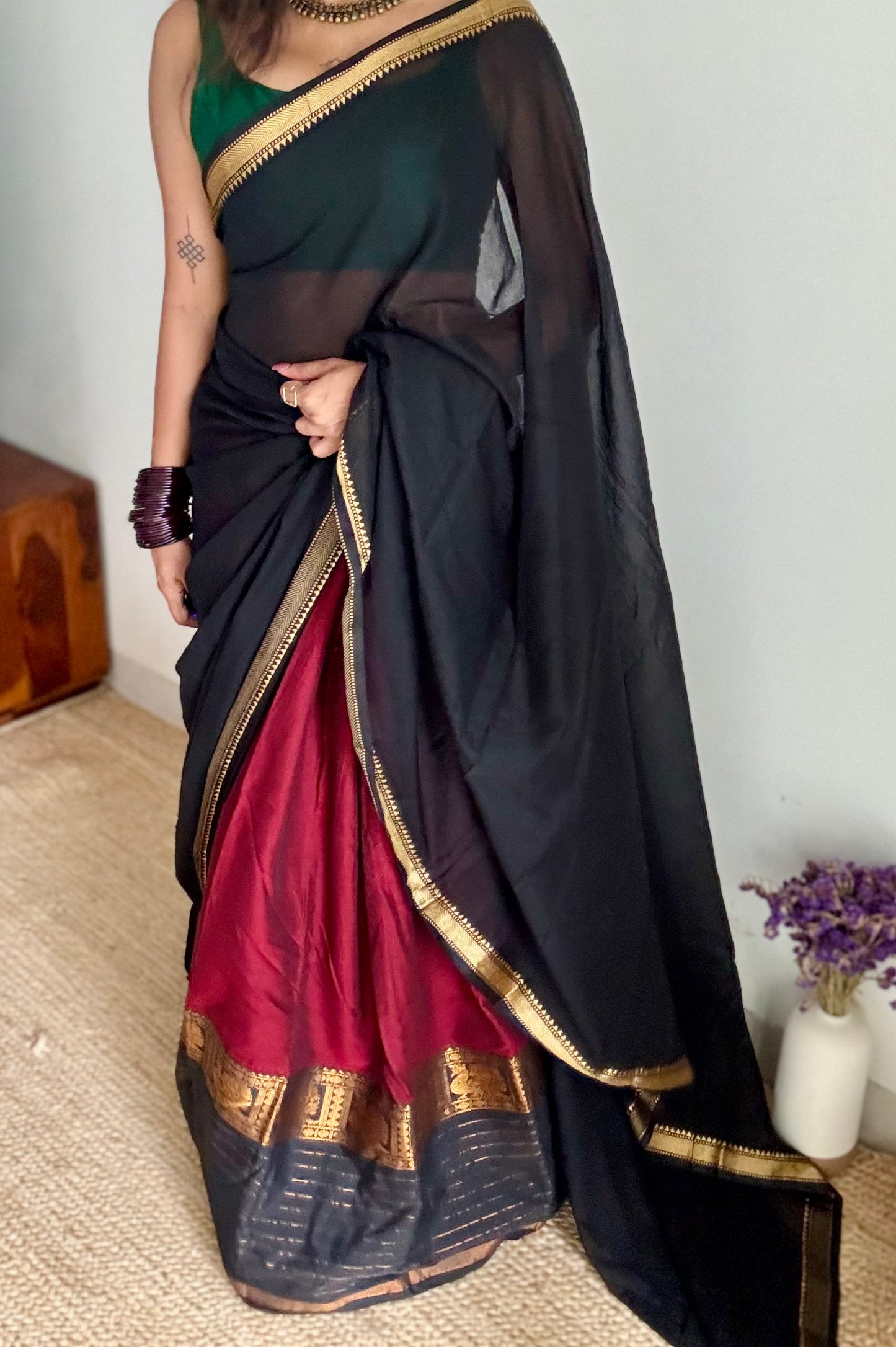 Maroon - Black unstitched half saree material (dhavani), narayanpet cotton - YCIEHS221