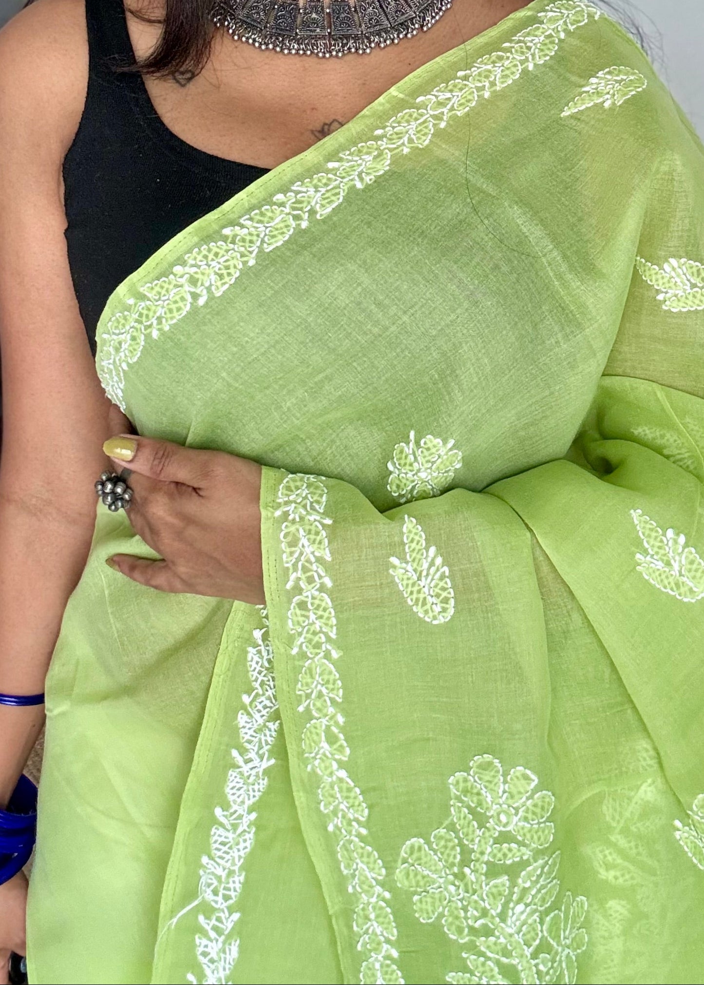 Saanjh - pista green hand-embroidered chikankari cotton saree - YCLCKFE415