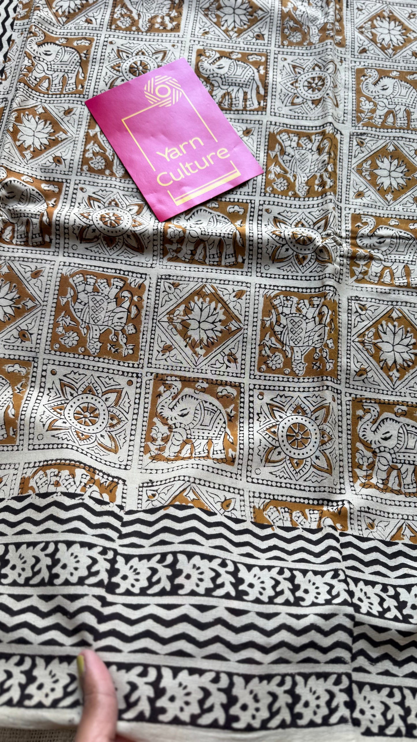 Katha - elephants, florals, and geometric tales block printed on earthy brown, soft cotton - YCWOTDNOBP92