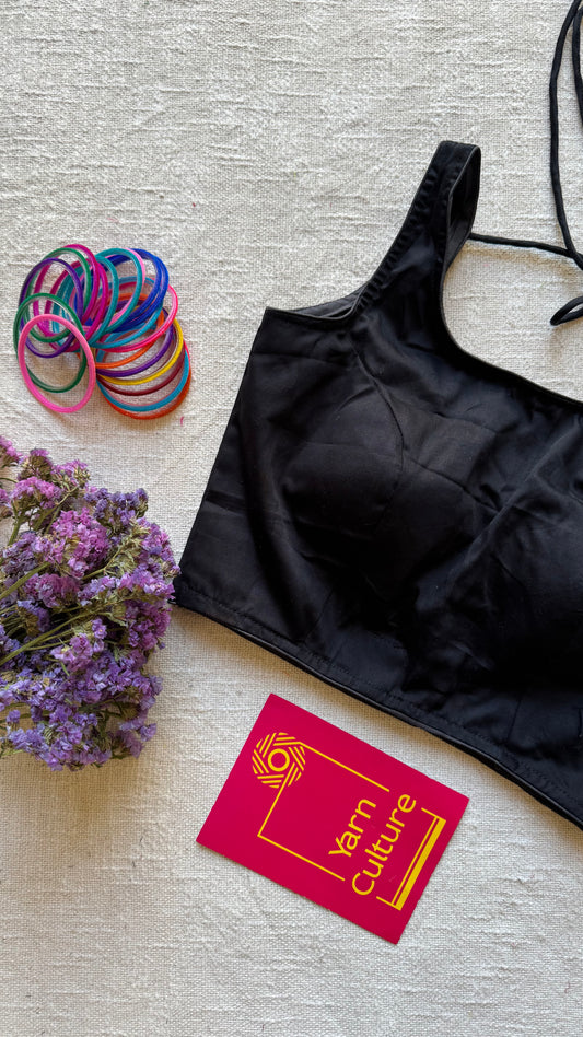 Black sleeveless cotton silk stitched blouse, back open, padded - YCSESBP95