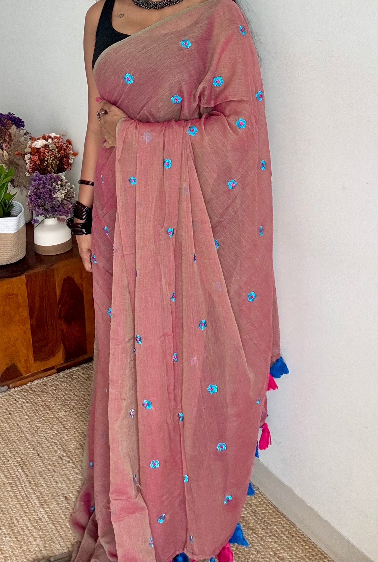Dusty pink with grey dual tone, blue floral embroidered mul cotton saree  - YCBCMCAP44