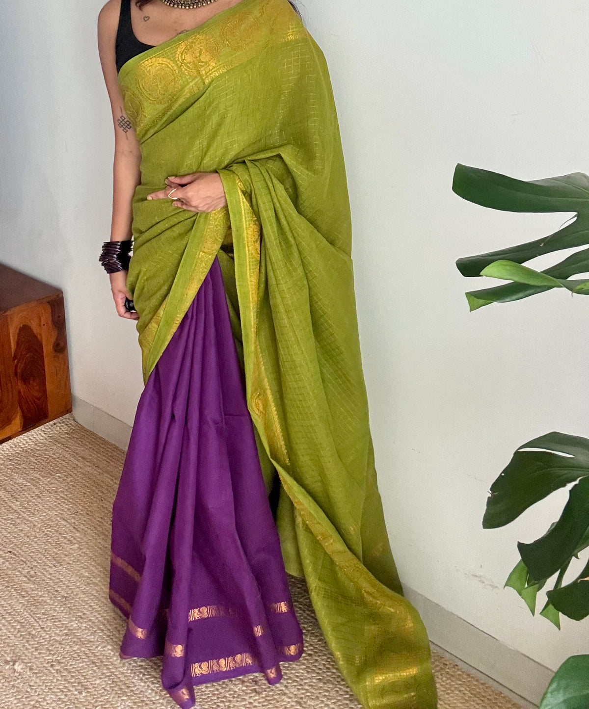 Parrot green and purple, sungudi cotton half-half saree - YCCOTNIDOC25