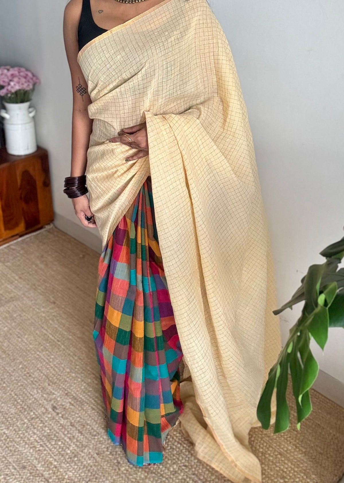 Ivory with multicoloured madras checks, cotton half and half saree - YCCOTNIDOC162