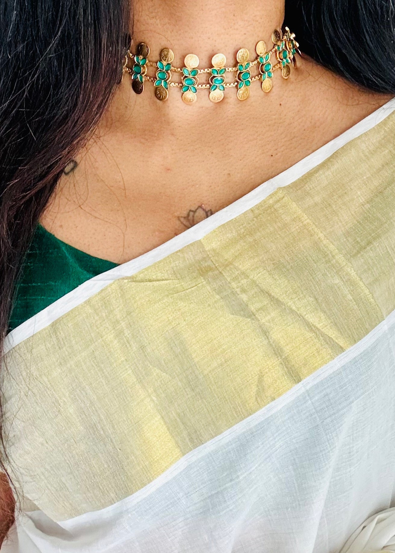 Triple layer coin floral neckpiece, green stones, with earrings - YCGPNP754