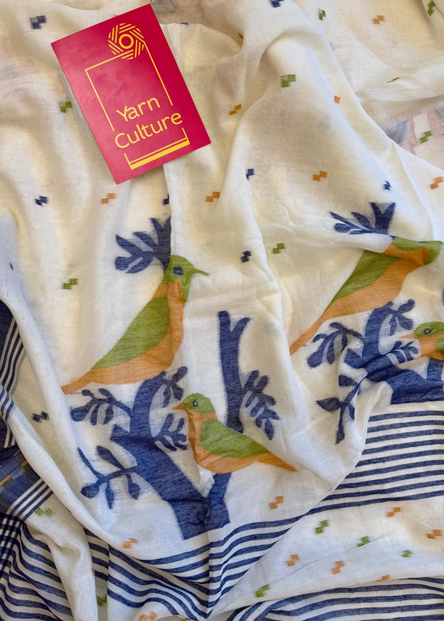 Ivory soft cotton saree, jamdani bird work - YCIEON38