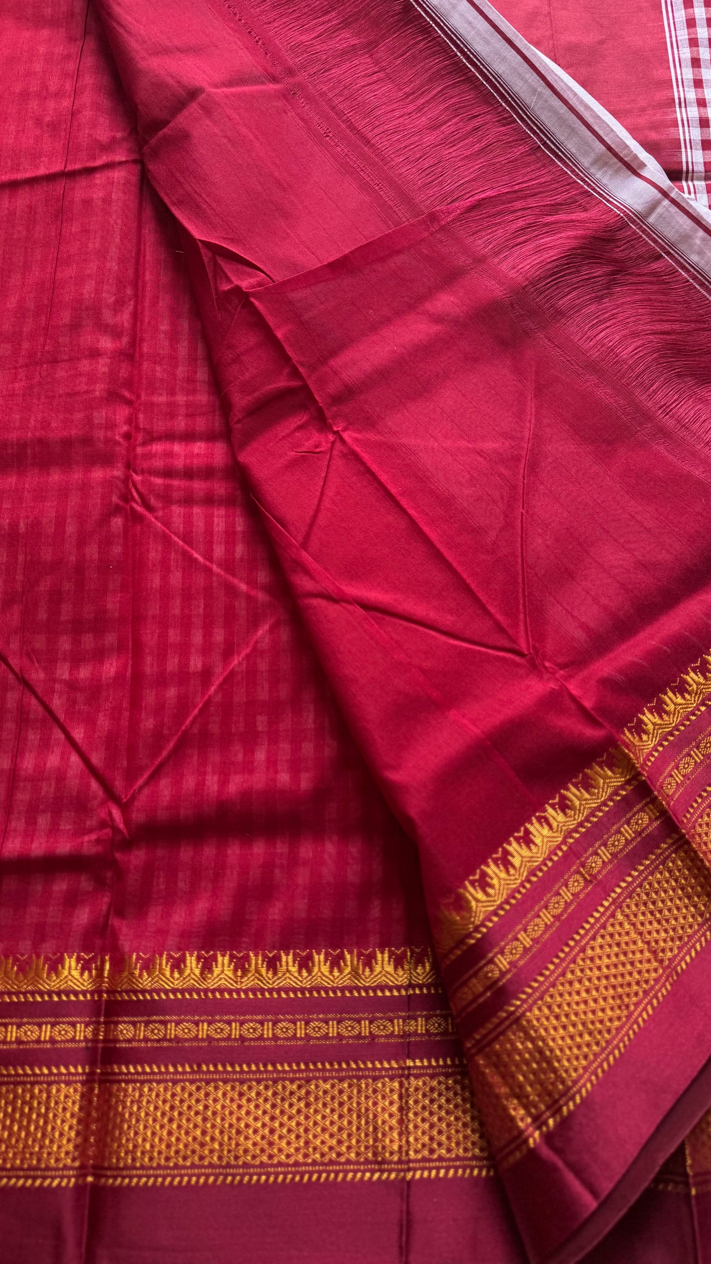 llkal maroon and white checks with chikki paras border, soft cotton with art silk blend - YCLOKICAP230