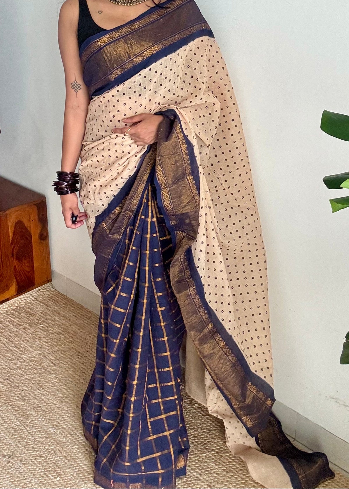 Cream with dark blue, sungudi cotton half-half saree - YCCOTNIDOC17