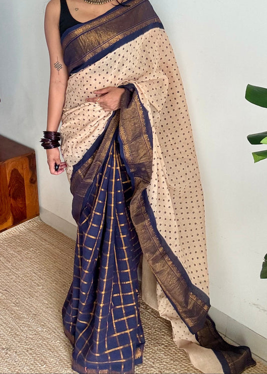 Cream with dark blue, sungudi cotton half-half saree - YCCOTNIDOC17
