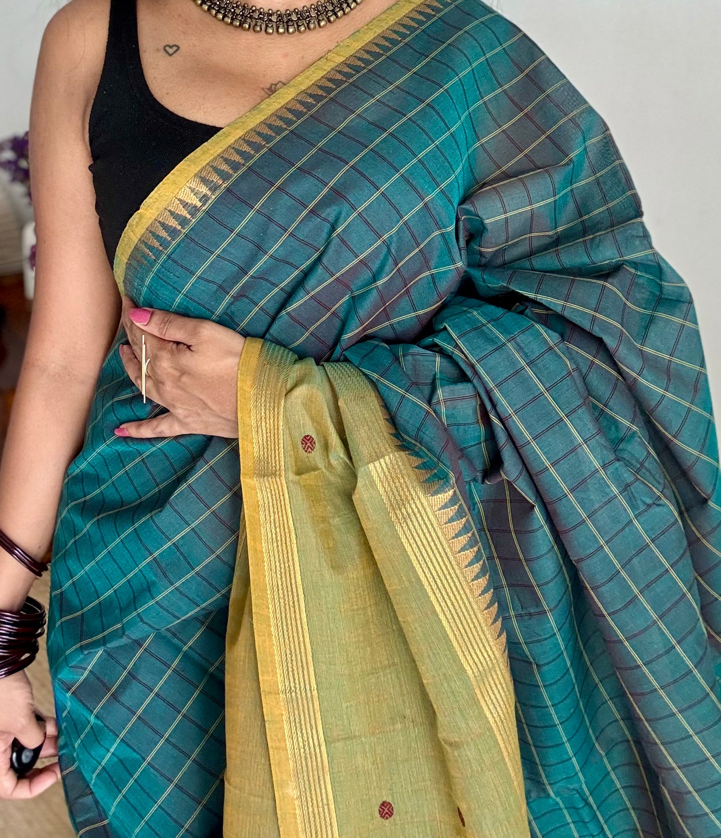 Dark teal and light green contrast, checkered Chettinad cotton saree - YCCOTNMA269