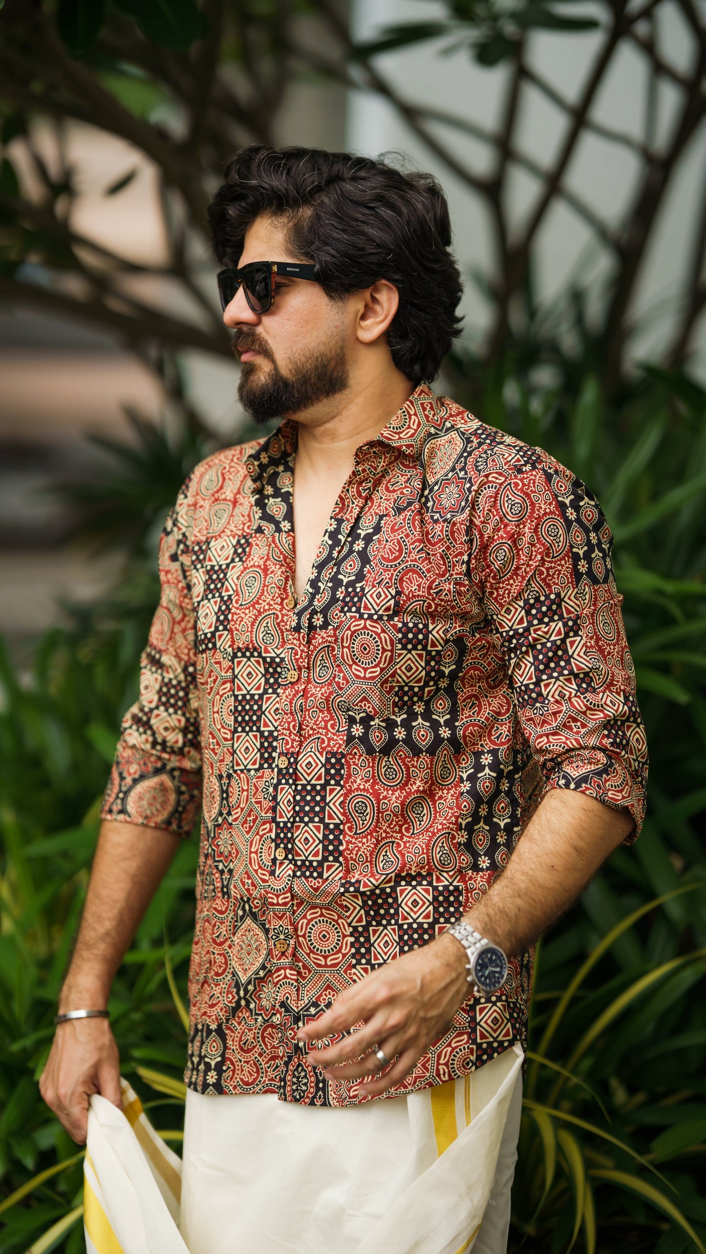 Black Red & White Ajrakh Block Printed Cotton Men's Full Sleeve Collared Shirt -YCMSEIE203