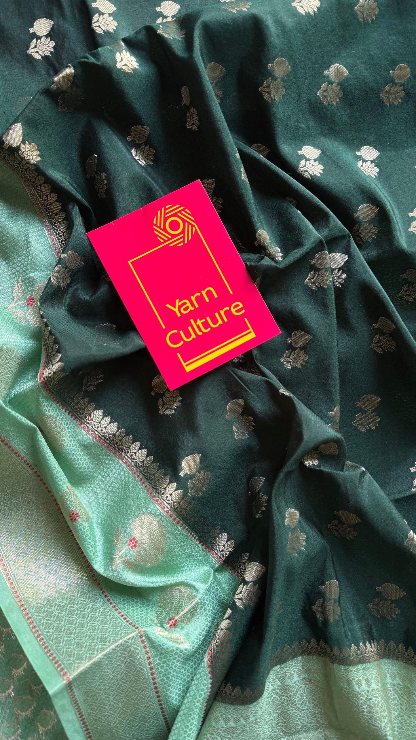 Dark green with pastel green border, semi dupion silk - YCBLSSJA25