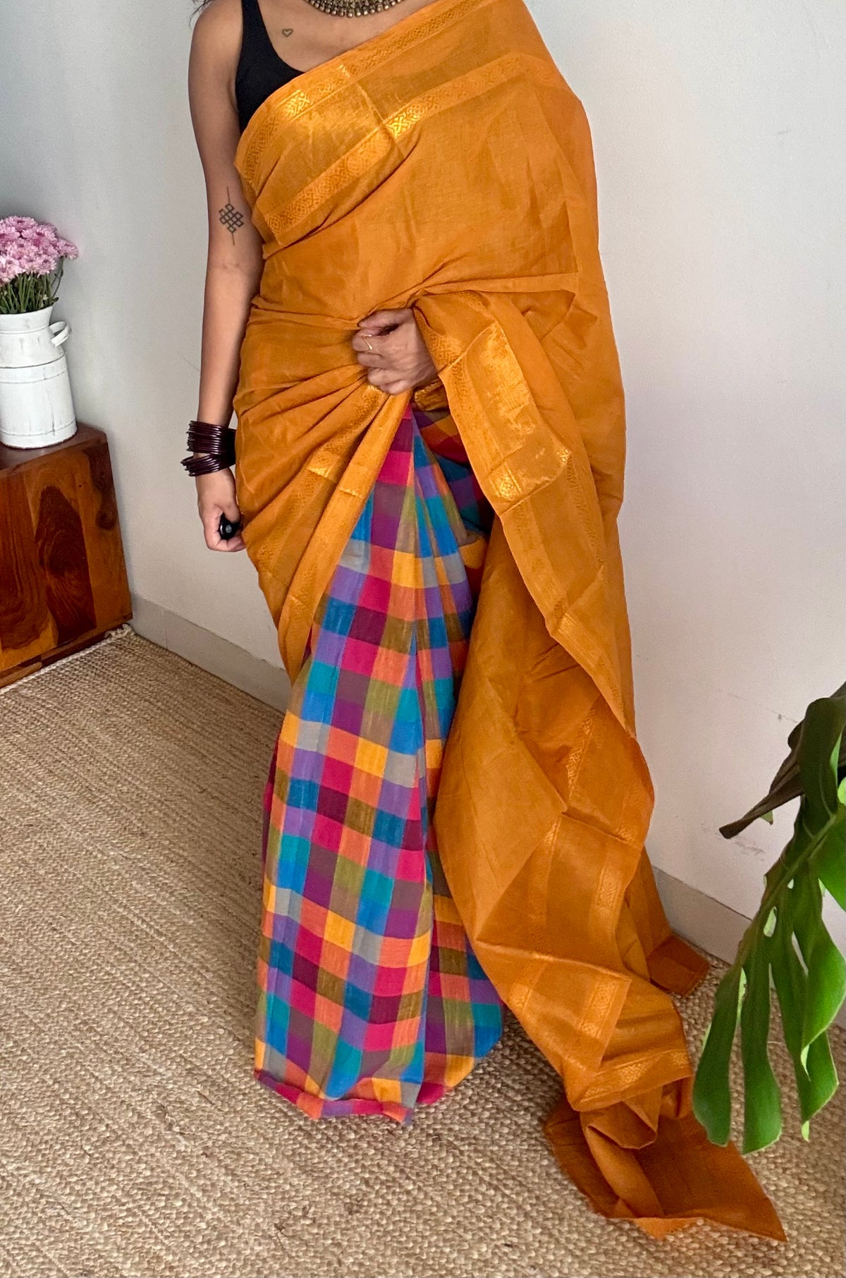 Turmeric yellow with multicoloured madras checks, cotton half and half saree - YCCOTNIDOC161