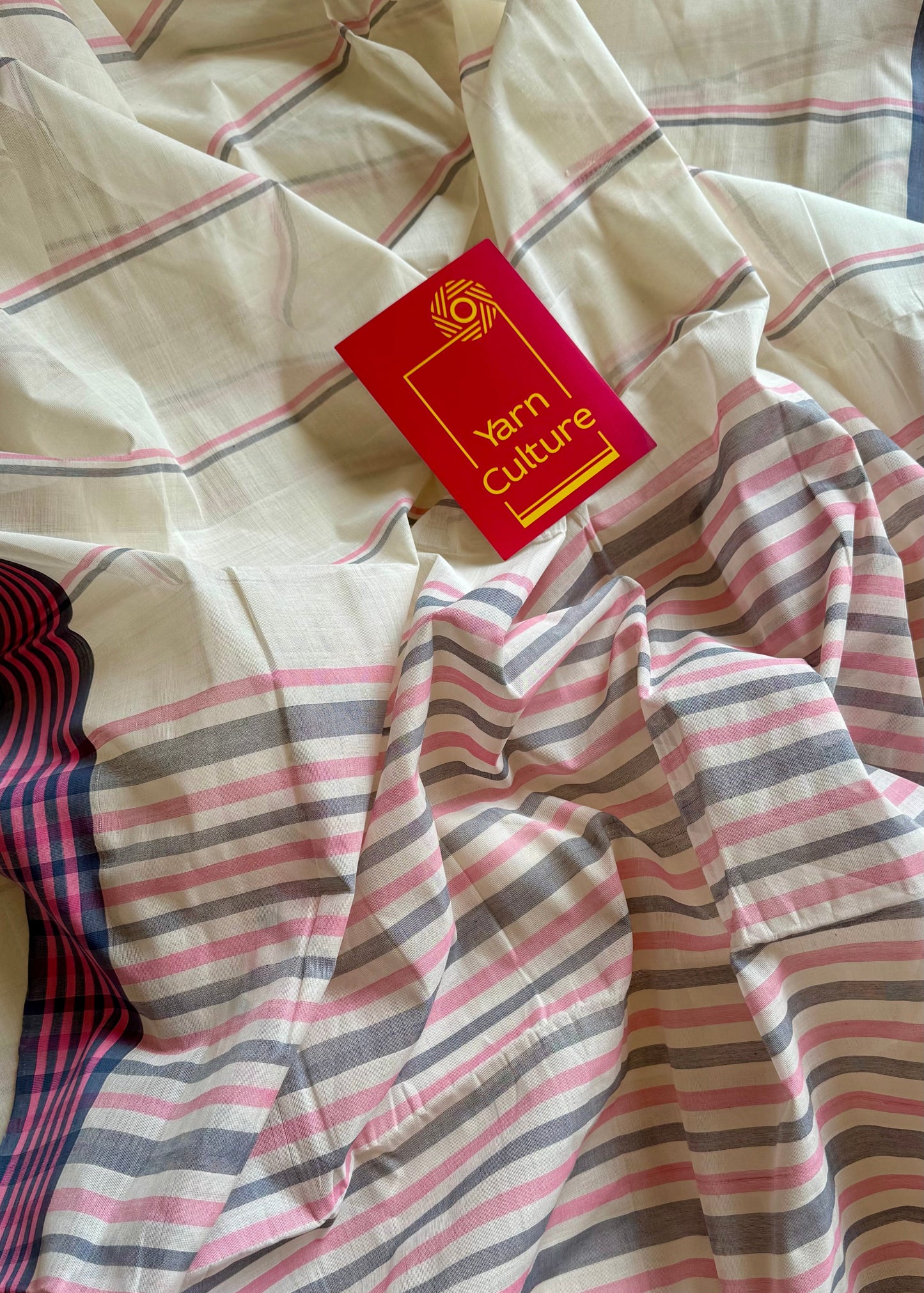 Handloom, woven in Chendamangalam Looms, ivory with grey pink border, striped soft cotton saree - Handloom ivory grey pink border