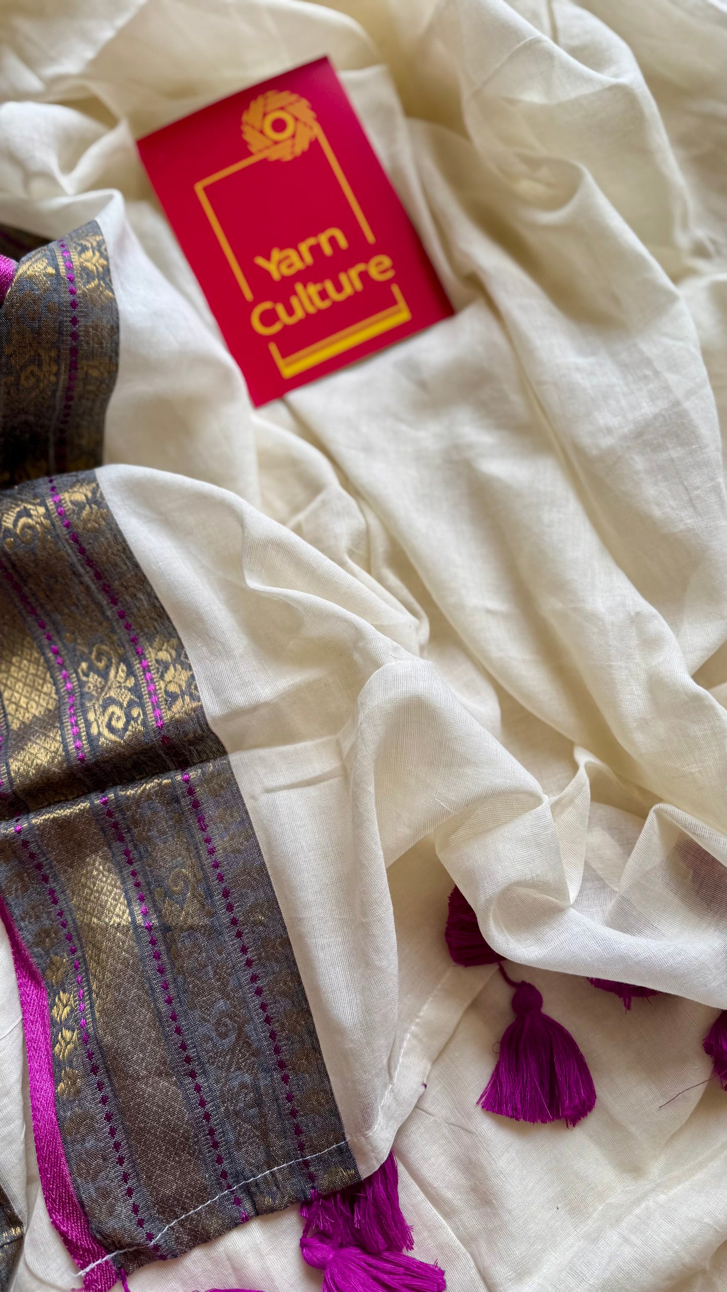 Ivory mul saree, purple pink and antique gold kanchi border - YCIEON30