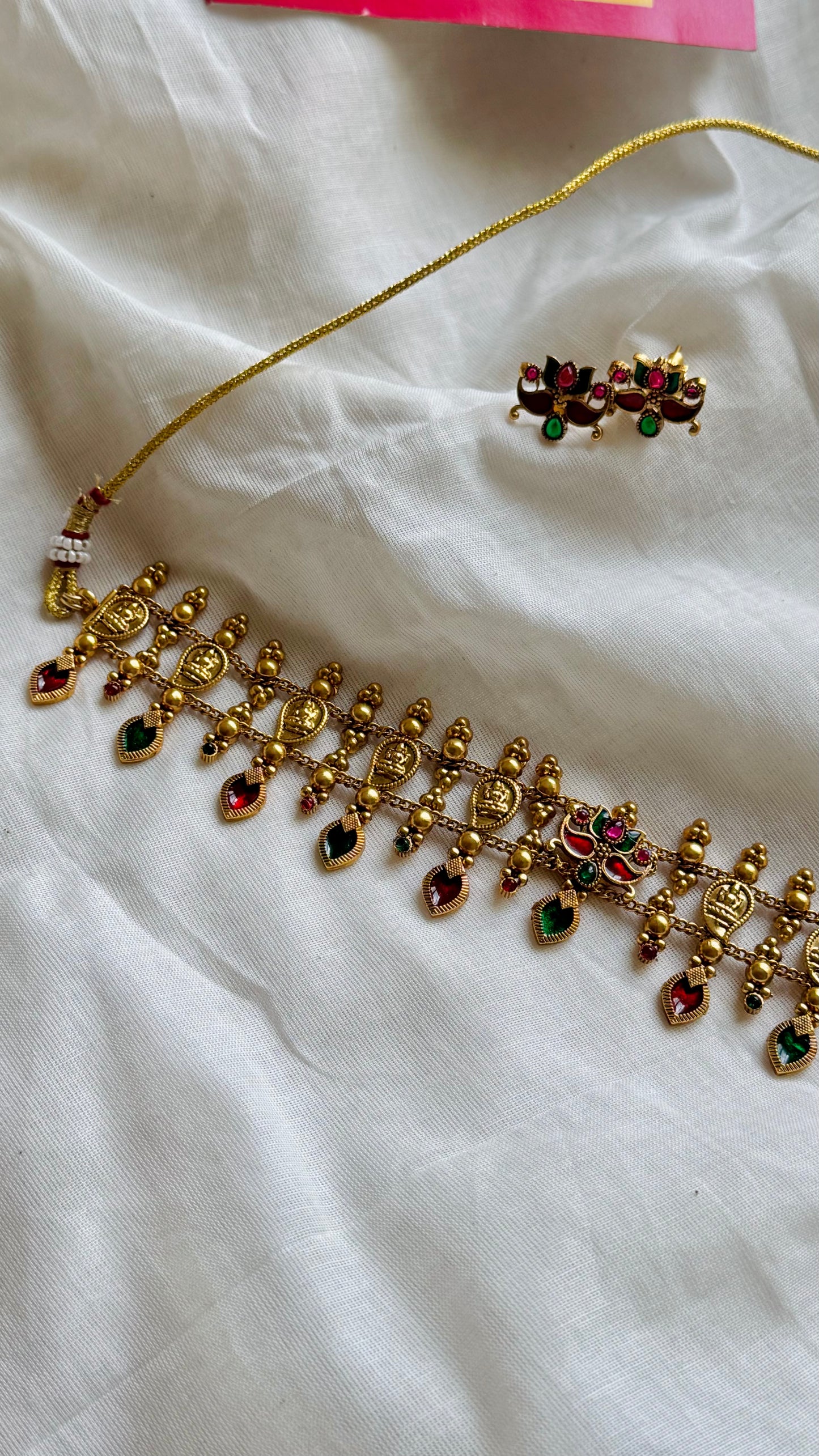 Mango coin necklace with ruby green drops, with earrings - YCGPNP734