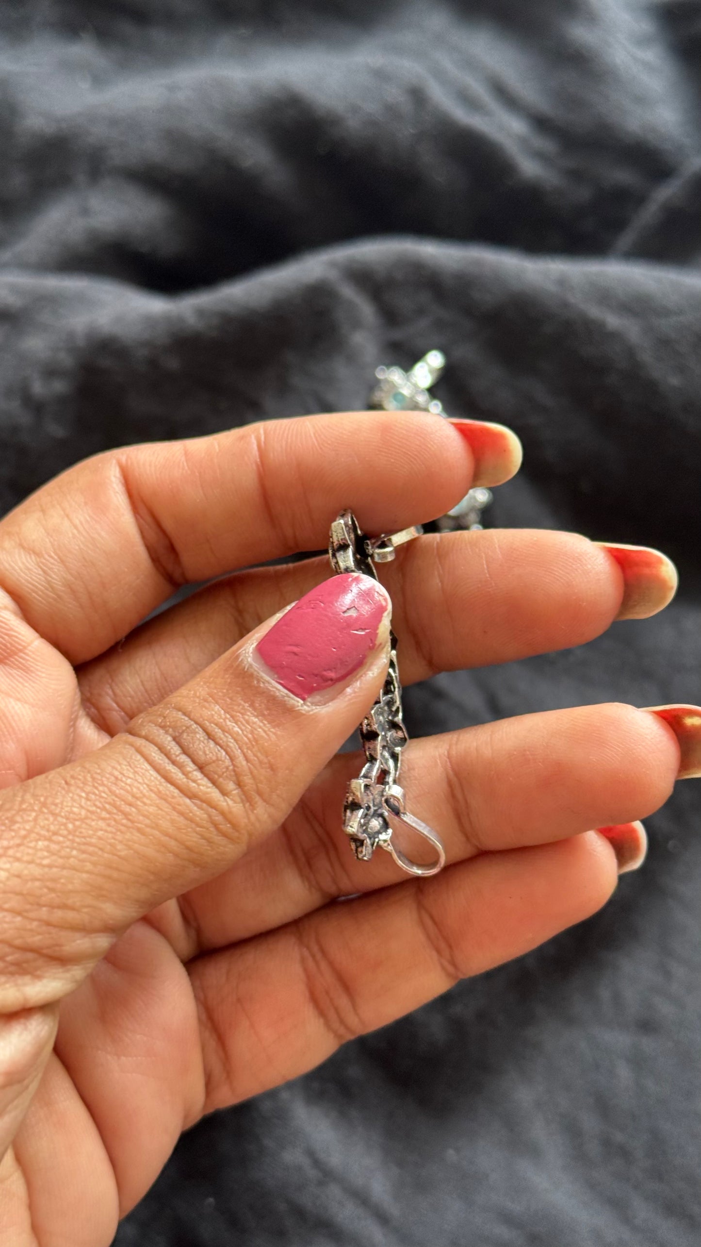 Oxidised silver, mint stone floral patterned earcuff - YCOSEC713