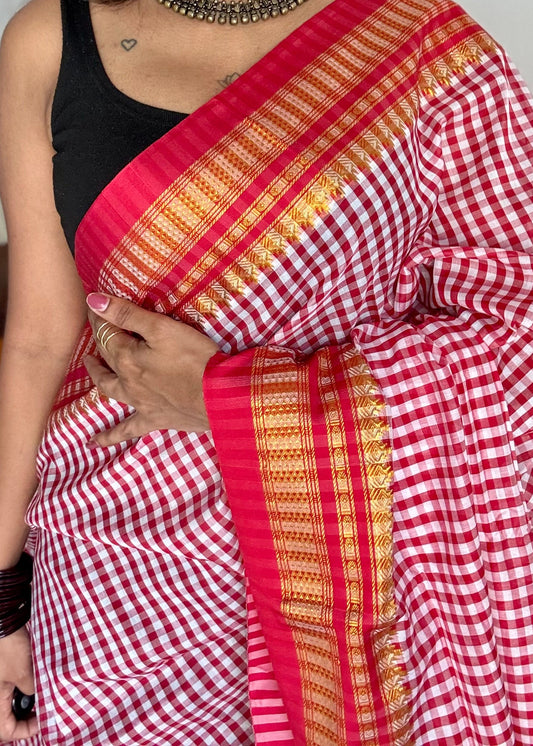 llkal red and white checks with chikki paras border, soft cotton - YCLOKICAP229