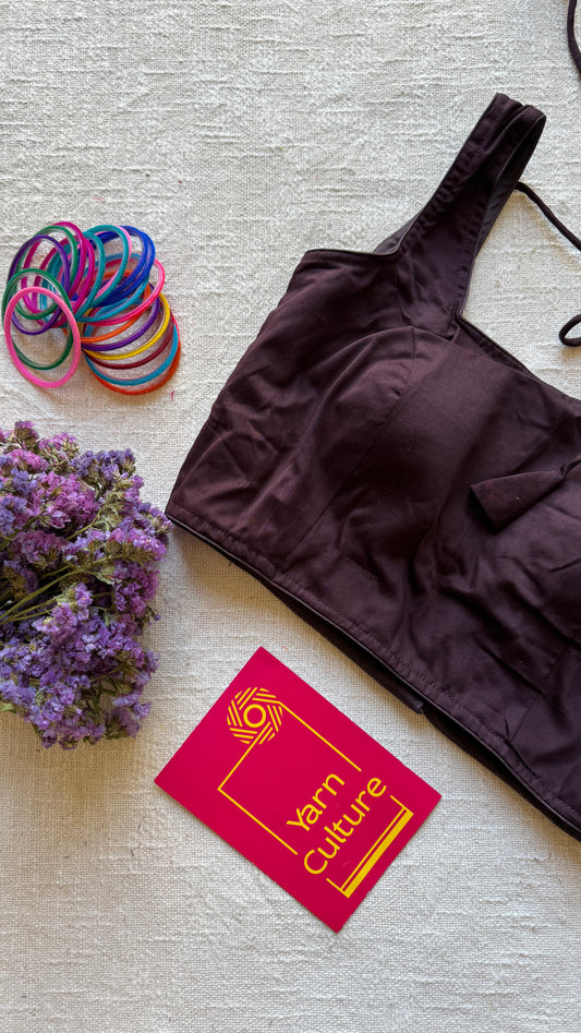 Dark brown sleeveless cotton silk stitched blouse, back open, padded - YCSESBP100