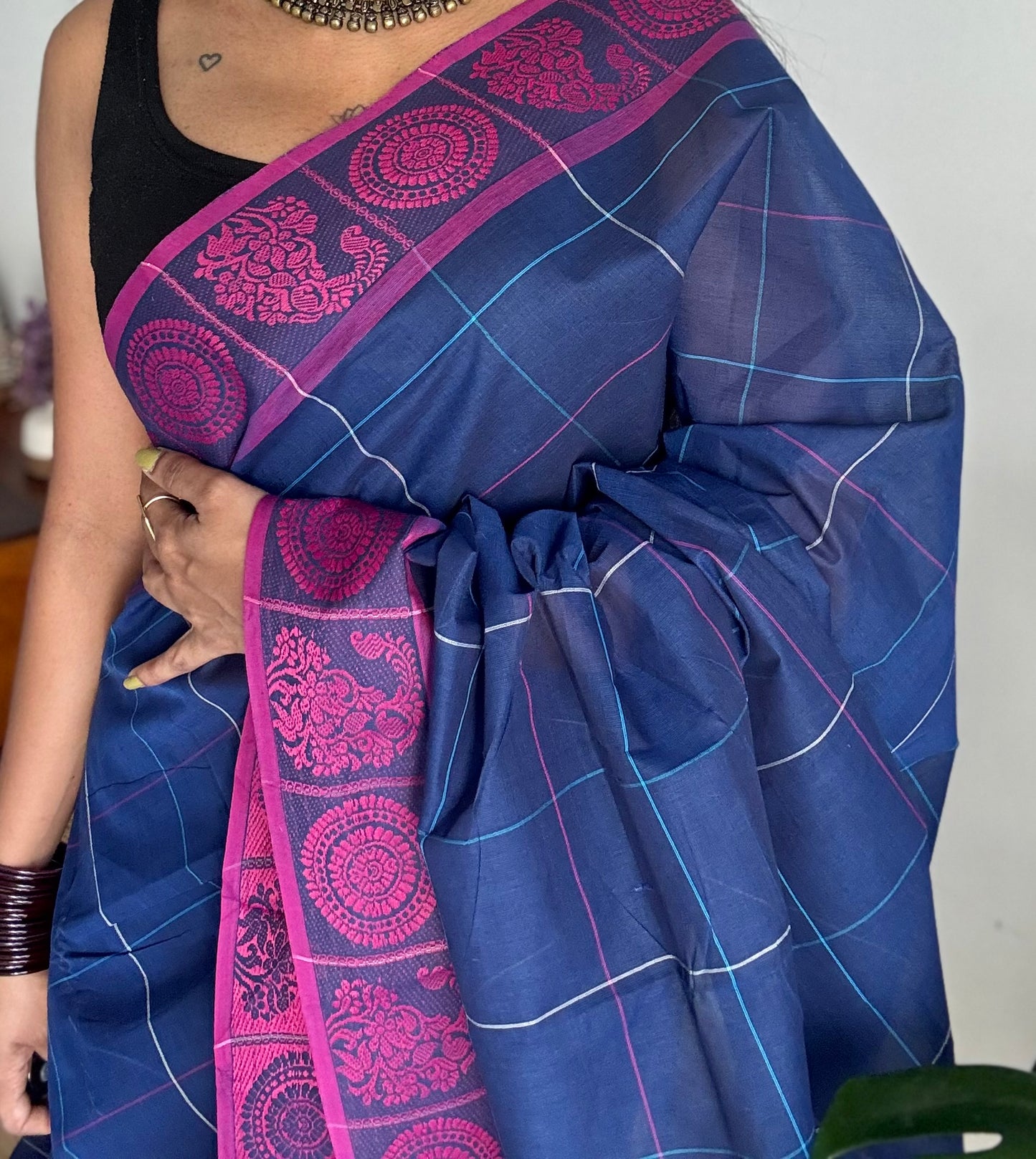 Chettinad cotton saree in dark blue with pink checks, thread motif border - YCCOTNJUCC06