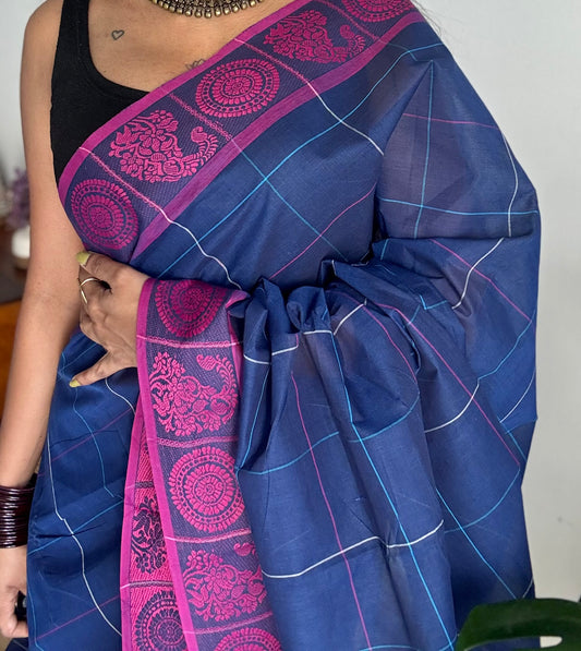 Chettinad cotton saree in dark blue with pink checks, thread motif border - YCCOTNJUCC06