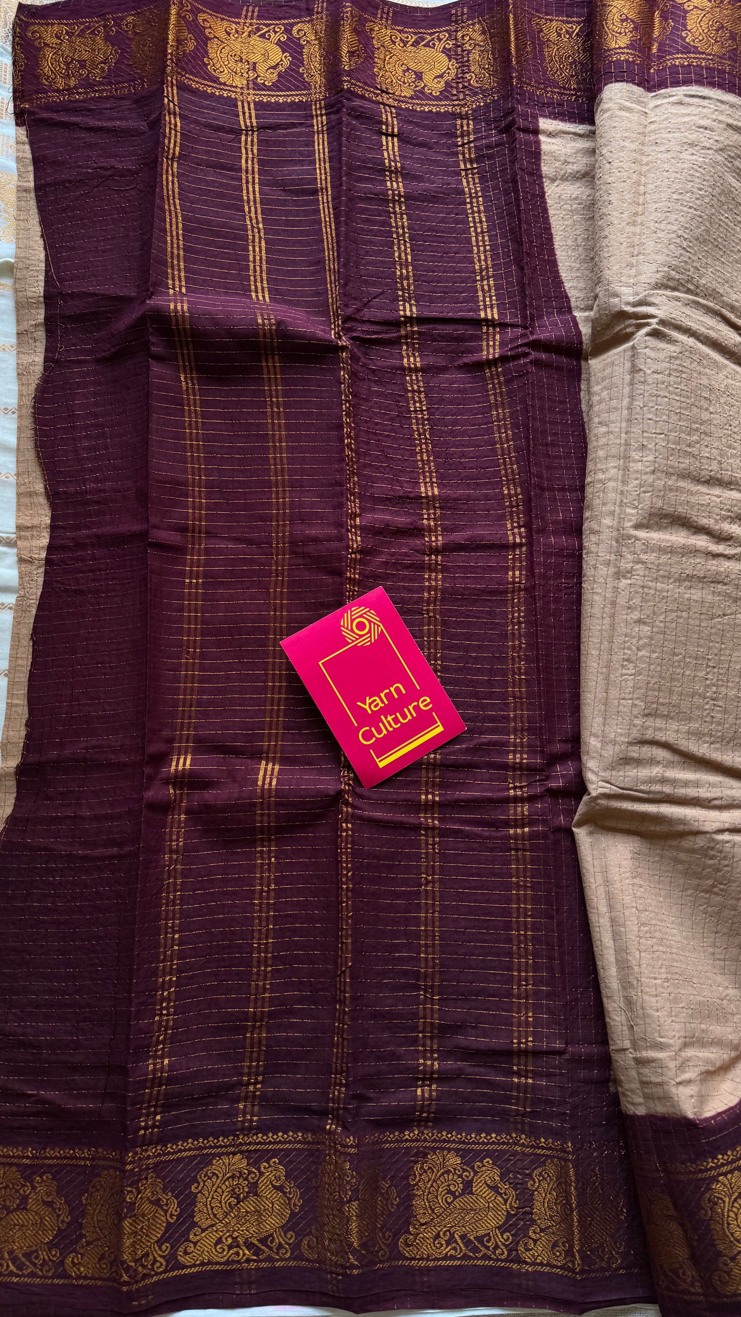 Dark beige with maroon contrast zari checkered sungudi, kattuchayam dyed madurai cotton - YCCOTNMSAP162