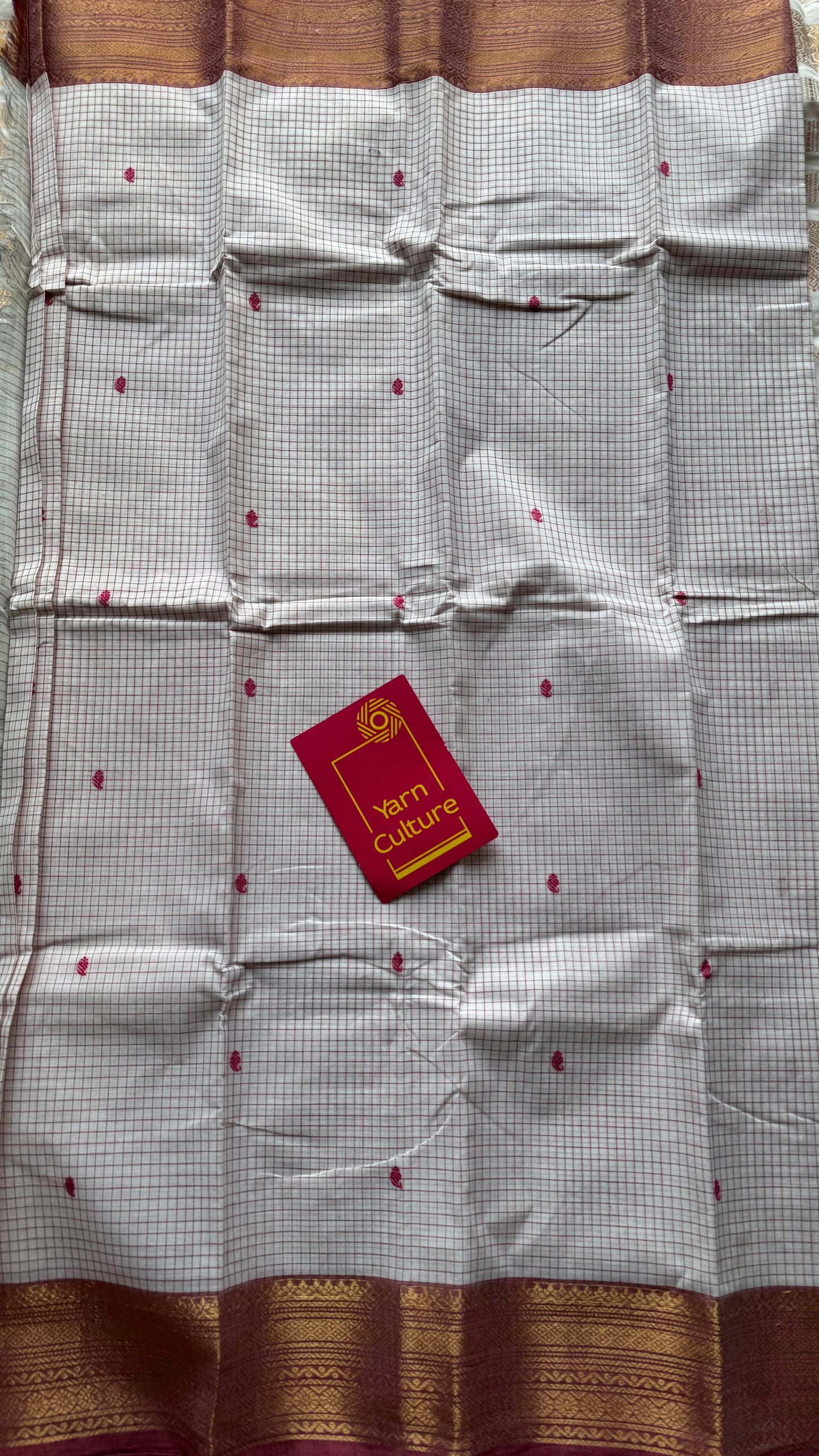 White and burnt red contrast, checkered Chettinad cotton saree - YCCOTNMA264
