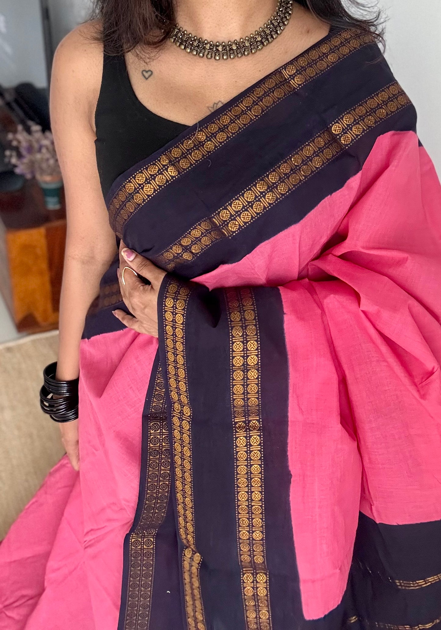 Pink with dark blue, small rudraksham motif border, soft cotton - YCCOTNJSUN08