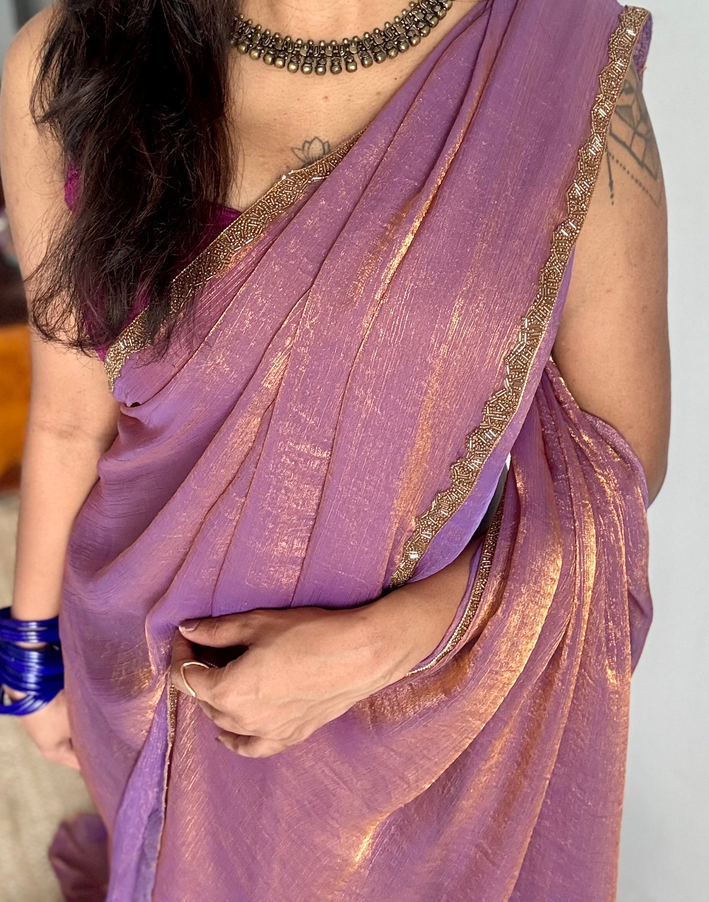 Purple Potion - purple pink and gold hues, metallic dual tone space silk, embellished border - YCDOSNO43