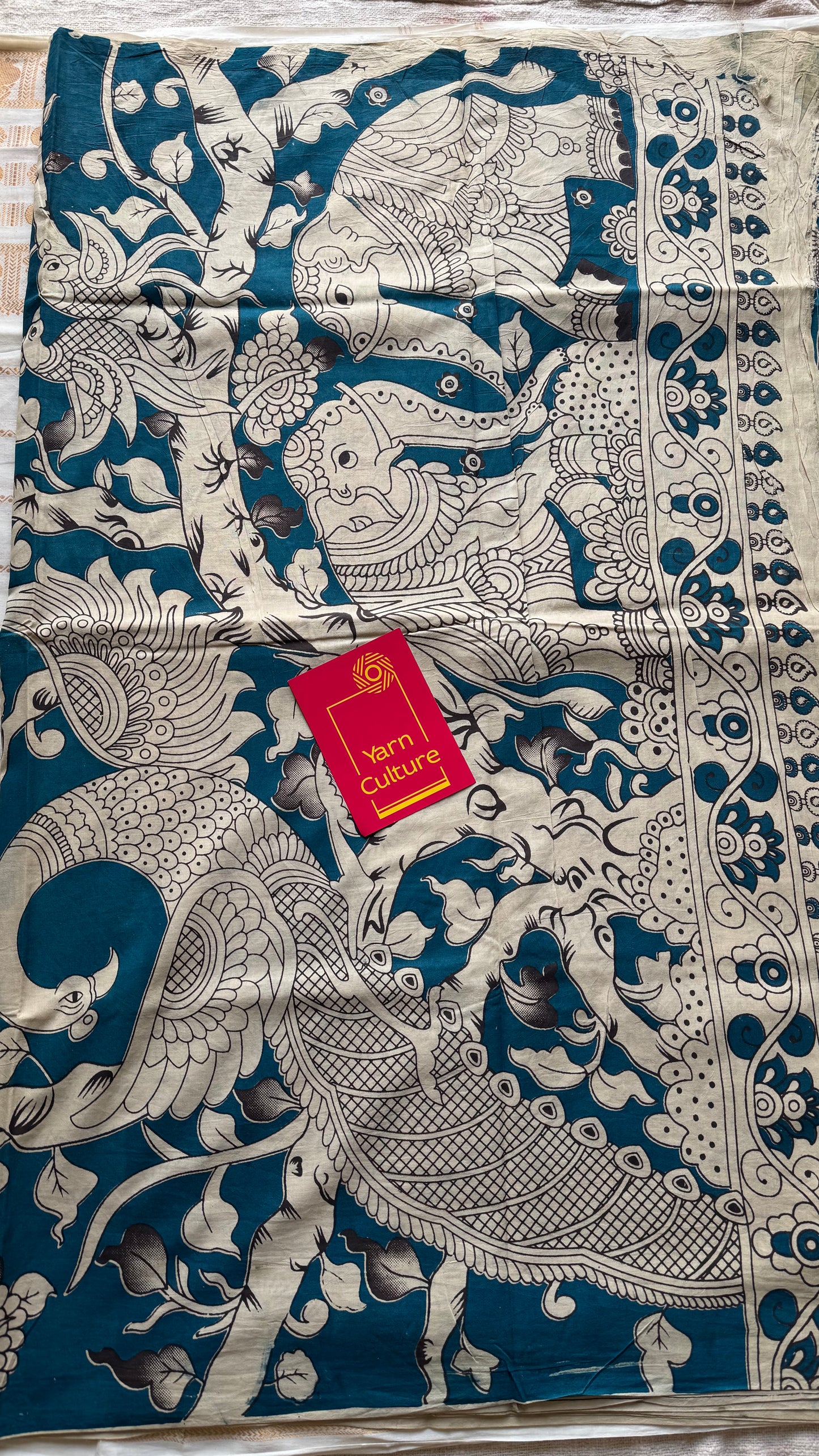Peacock blue kalamkari saree, elephant motifs, soft cotton - YCWOTDMA350