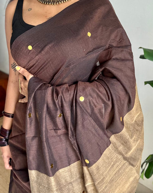Brown with warm grey contrast pallu, gini sequins, soft cotton saree - YCBCSCOC09